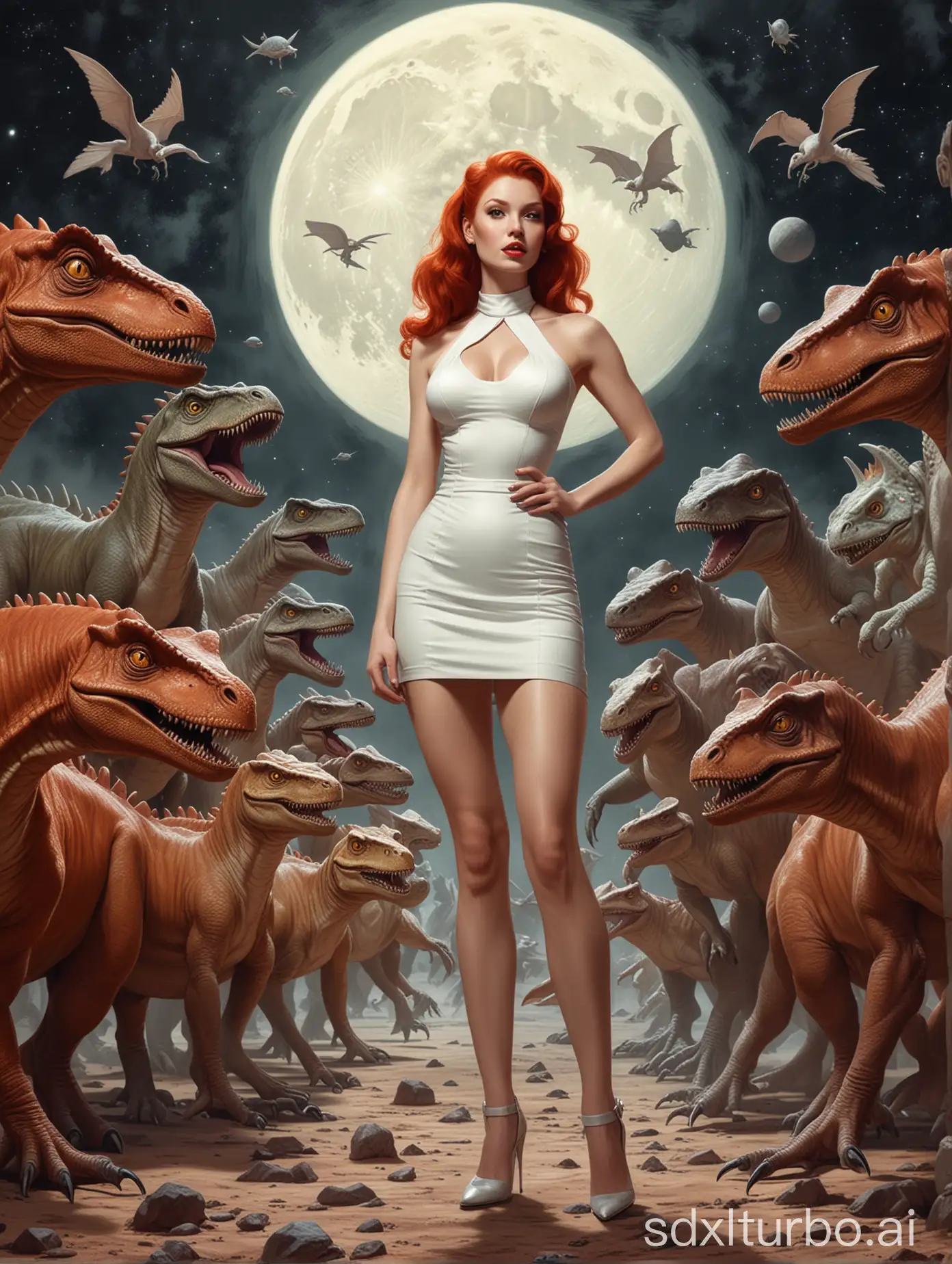 a woman standing in front of a group of dinosaurs, pinup art, on the moon, she is redhead, frogs, drawn in the style of mark arian, dark pin-up style hair, aesthetic / a riot in Mars, white rabbit, in rapture, mistress, hotoverse