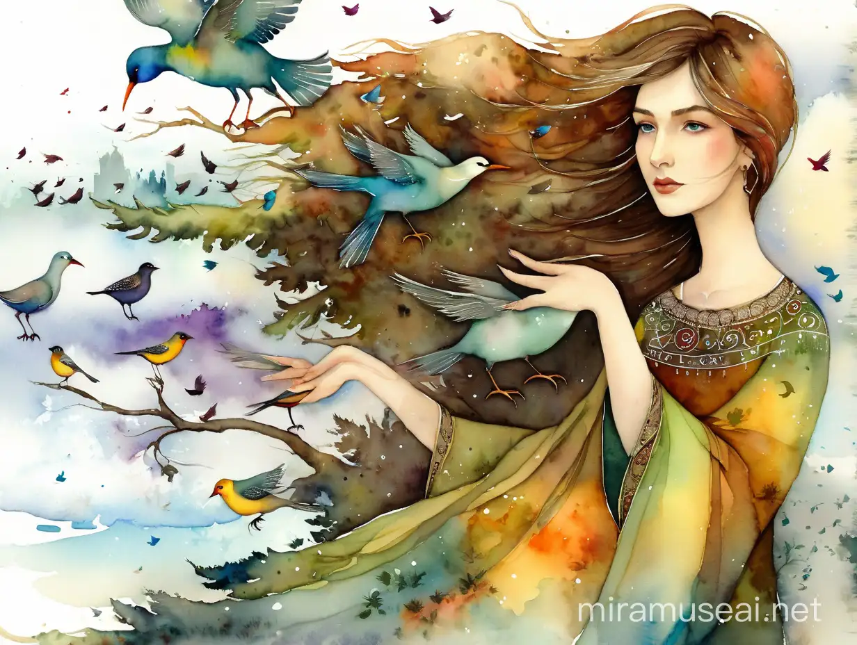 ветер, дерево, птицы, watercolour style by Alexander Jansson