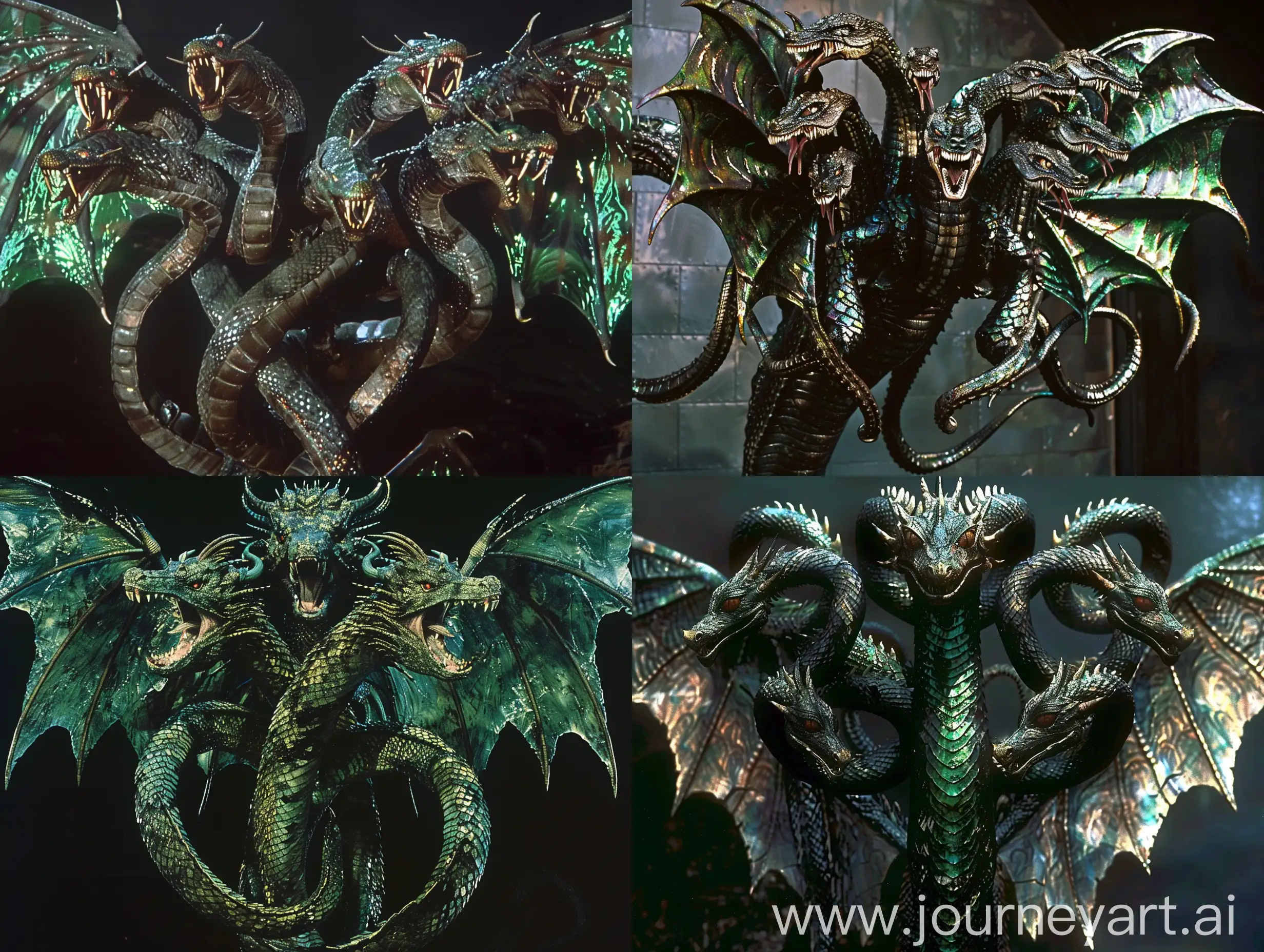 dvd screenshot of 1987 Dark Souls fantasy film Illustrated. Lernaean Hydra, a mythological creature with multiple serpentine heads, each featuring piercing eyes and vivid fangs. Add a pair of gigantic wings, akin to those of a dragon, adorned with shimmering scales reflecting shades of green and black. The Hydra’s skin is slick, covered with hard, iridescent scales that seem to change color under different angles of light. Its long tails, branching off from the end of each spinal column, culminate in sharp tips, adding a menacing aspect to its already imposing stature. The wings have a formidable wingspan, and when fully extended, they are capable of casting an eclipse with their shadow, emanating an aura of power and terror.