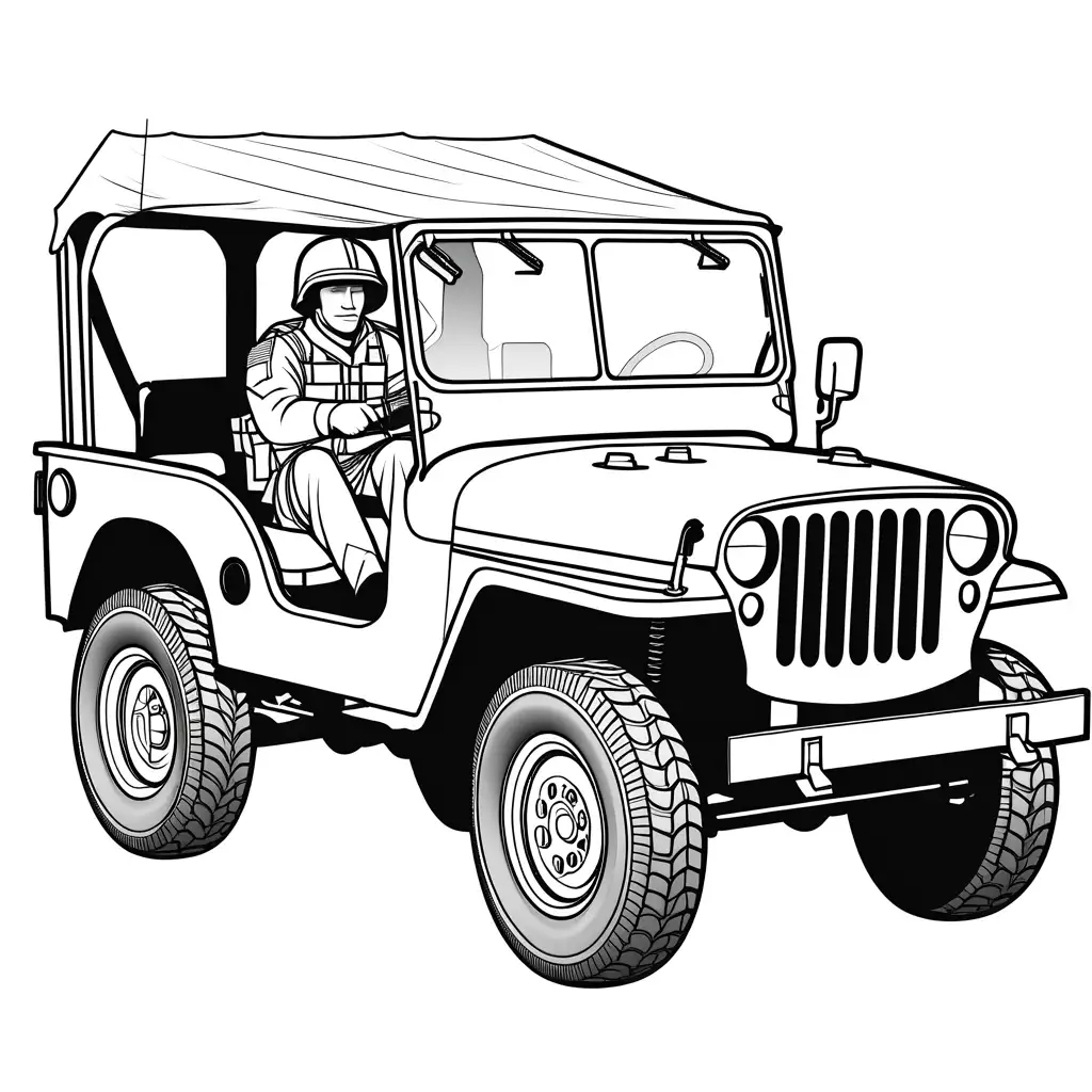 army man sitting in a jeep, Coloring Page, black and white, line art, white background, Simplicity, Ample White Space. The background of the coloring page is plain white to make it easy for young children to color within the lines. The outlines of all the subjects are easy to distinguish, making it simple for kids to color without too much difficulty