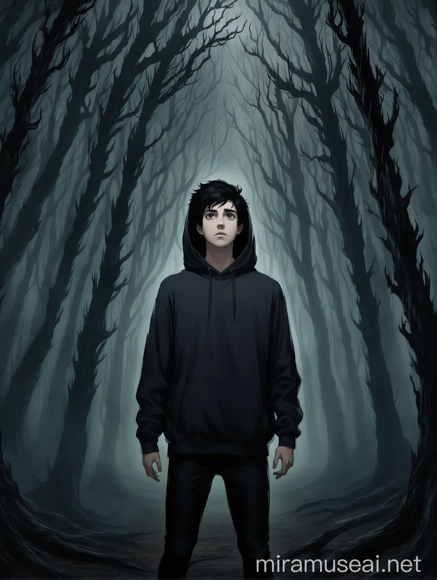 A young man in a dark hoodie with his black hair waving out a bit, with a dark forest with twisted trees behind him and fogs surrounding him in the dark