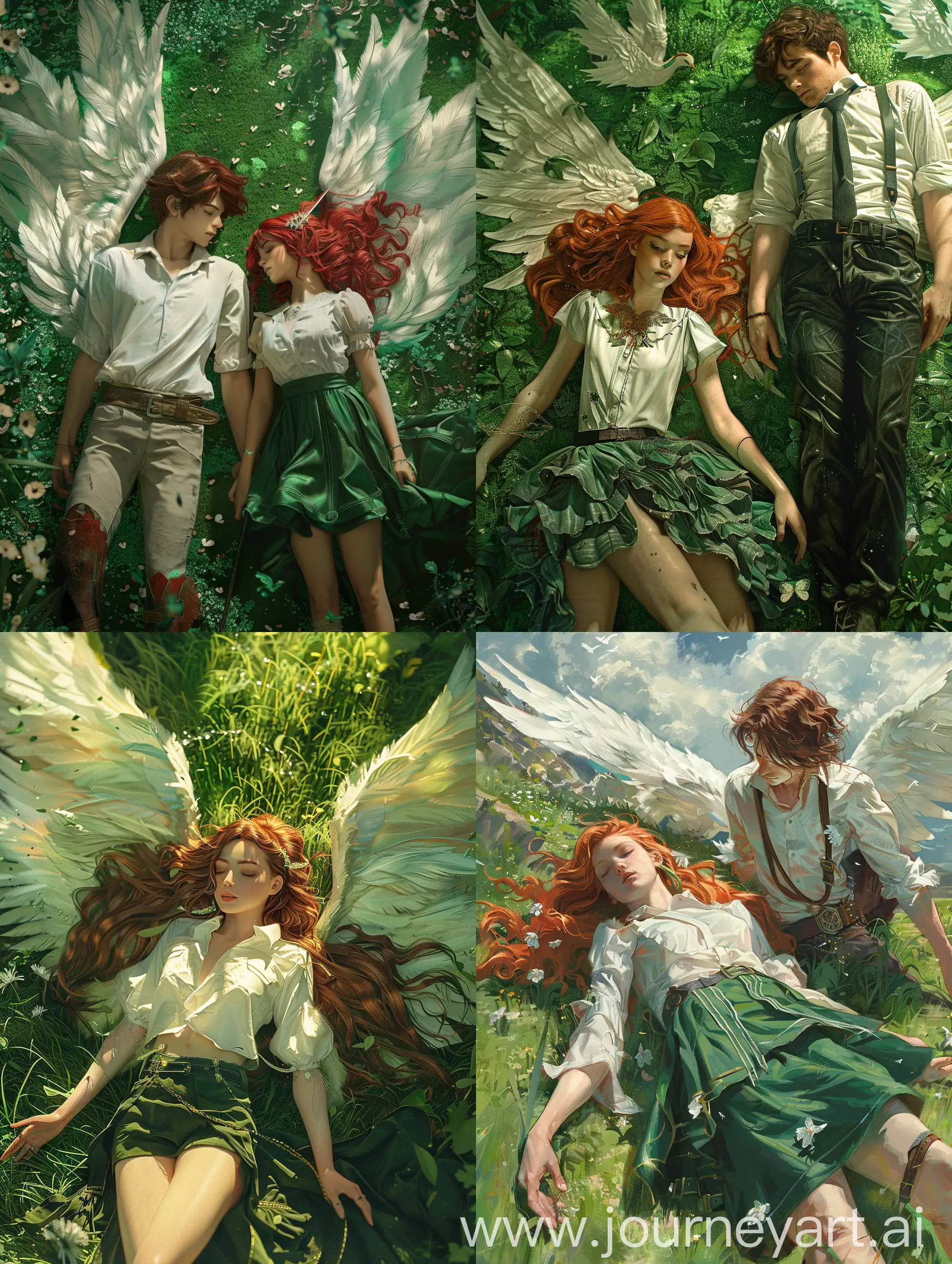fantasy , девушка с рыжими волосами в белой рубашке лежит на траве  и в зеленой  в юбке и мужчина стоит с крыльями попаданка в небесной академии