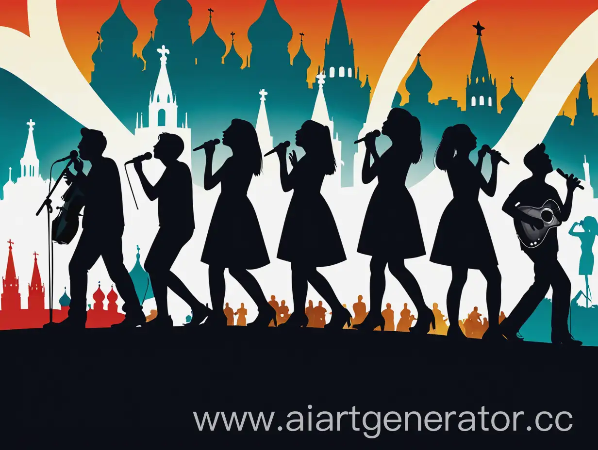 Poster of a summer vocal festival. Performances of youth music groups in the open air at venues in Moscow. Silhouettes of Moscow