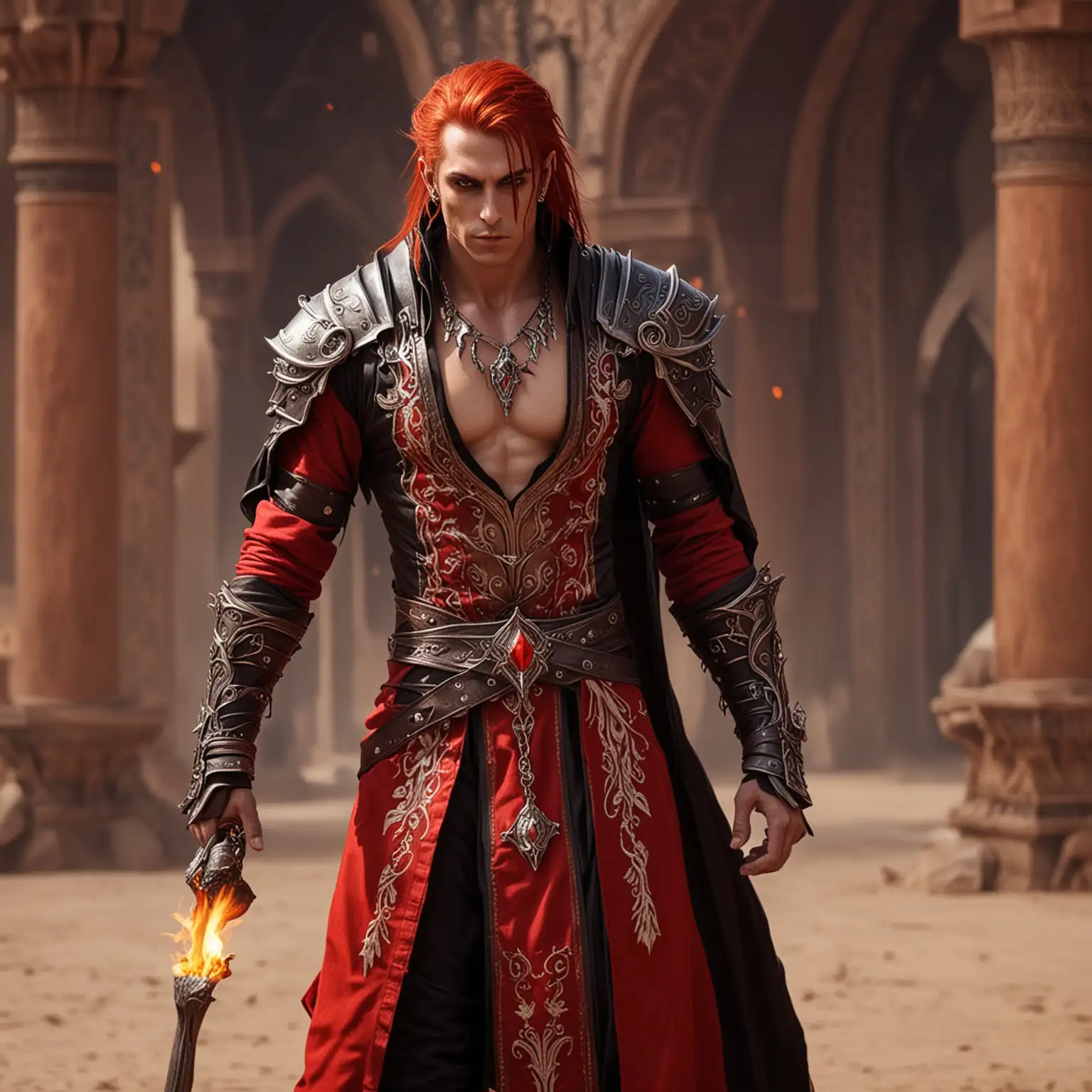 Fantasy male Blood Elf, hot, thirty five years old, long blood red hair,  black eyes, black skin tight, black and red robes, sexy, pyromancer, noble, royalty, desert palace