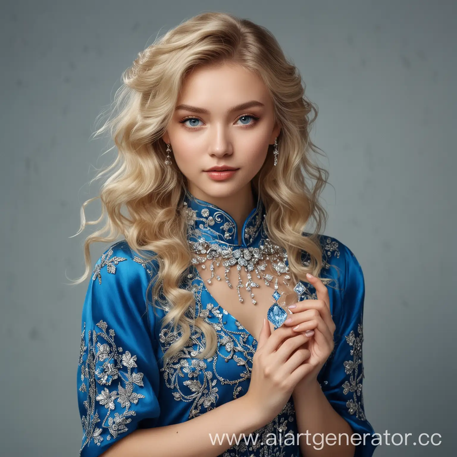 Русская девушка блондинка с волнистыми волосами в голубом китайском платье держит в руках бриллианты