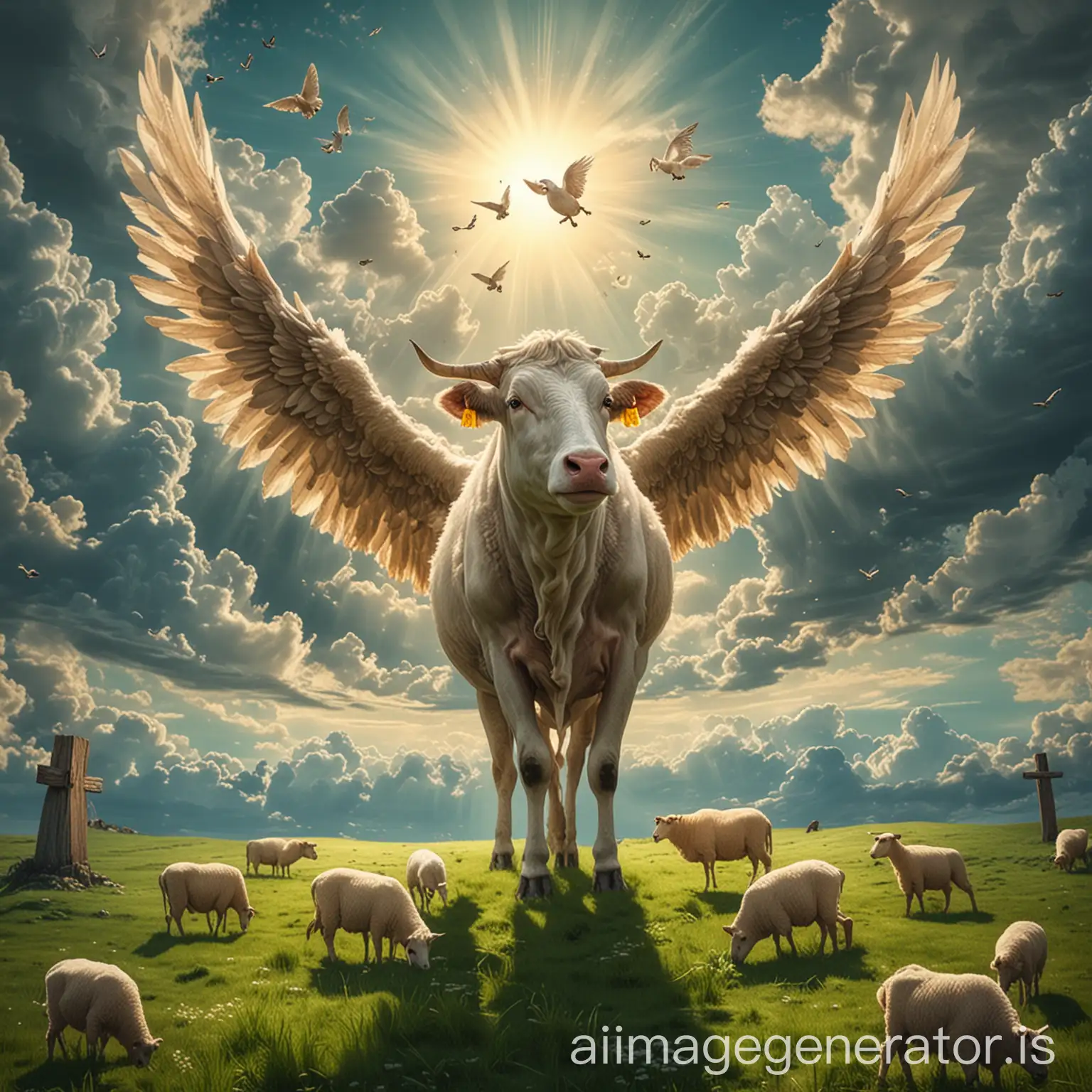 cow and sheep with wings eating grass in heaven