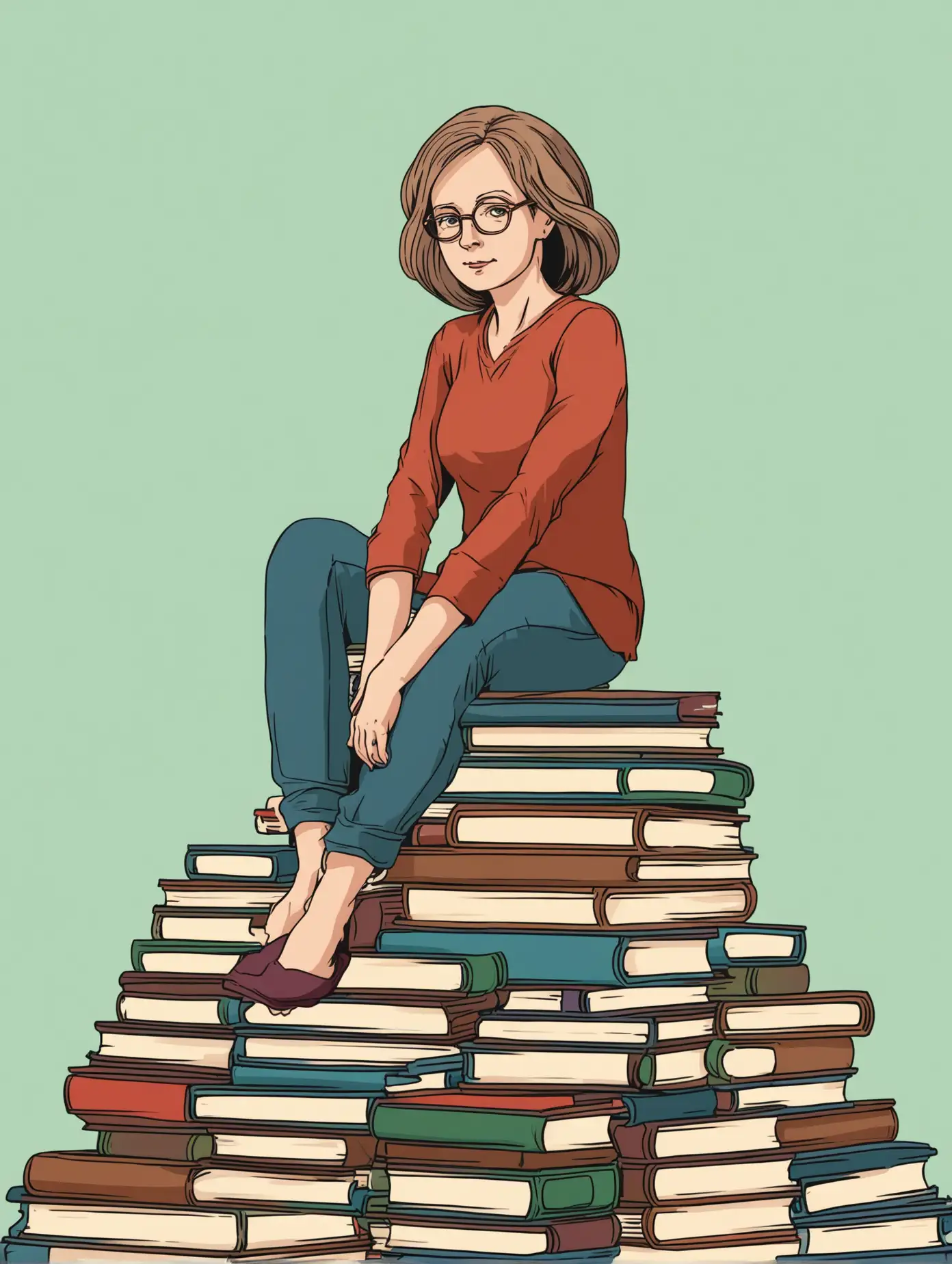 vector of a forty year old woman sitting on a pile of books