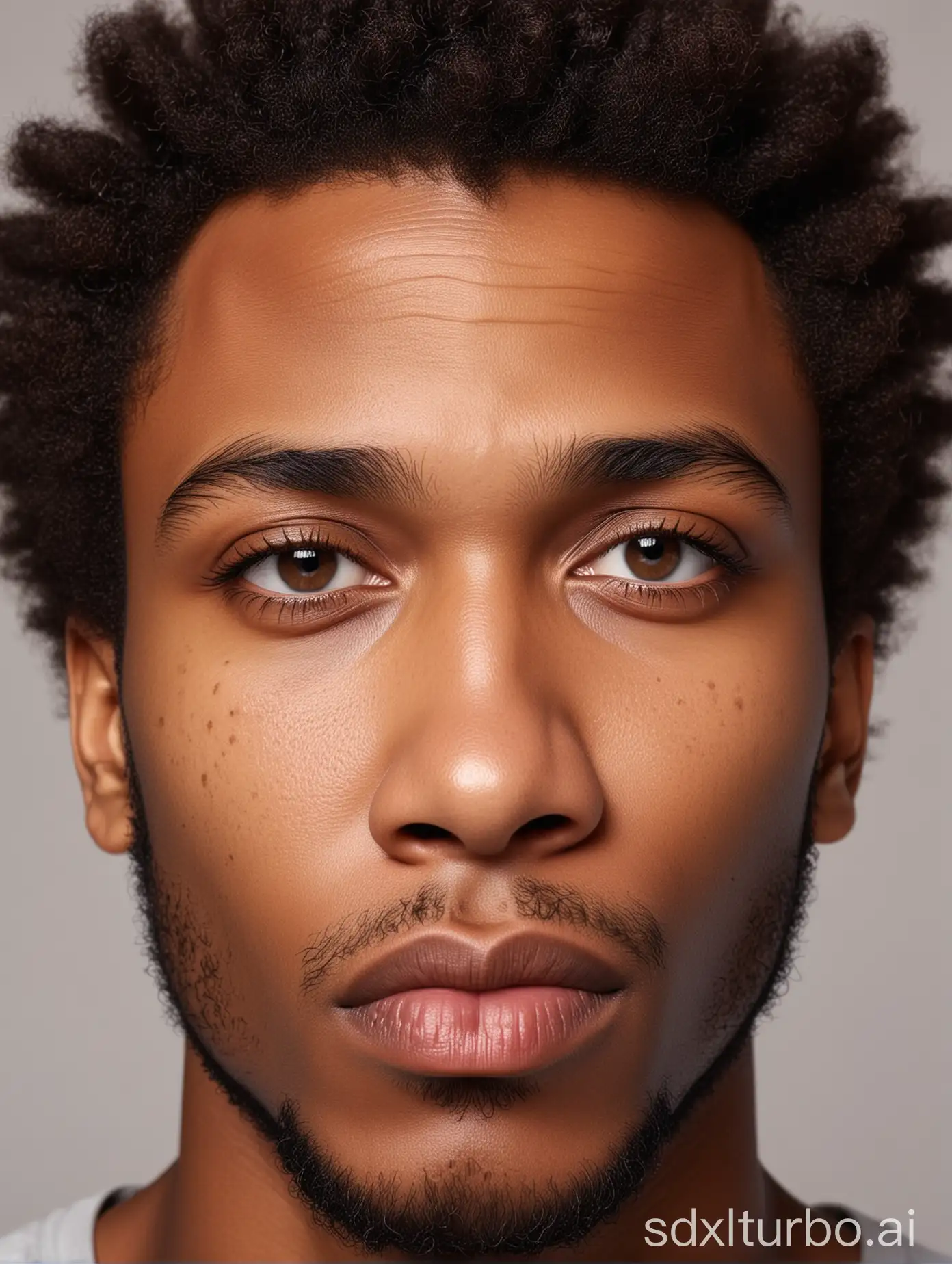 A close up, zoom in, more intimate photobooth studio-style portrait of a afro male model. This image focuses even more on his face, showcasing his naturally attractive features with a strong facial structure. His expression is engaging and charismatic, and direct eye contact with the camera, emphasizing his light brown eyes. The model has a completely shaved face, enhancing his sophisticated and attractive look. The studio lighting softly illuminates his features, creating a warm, welcoming feel. The background remains simple, and white, detailed_skin,
