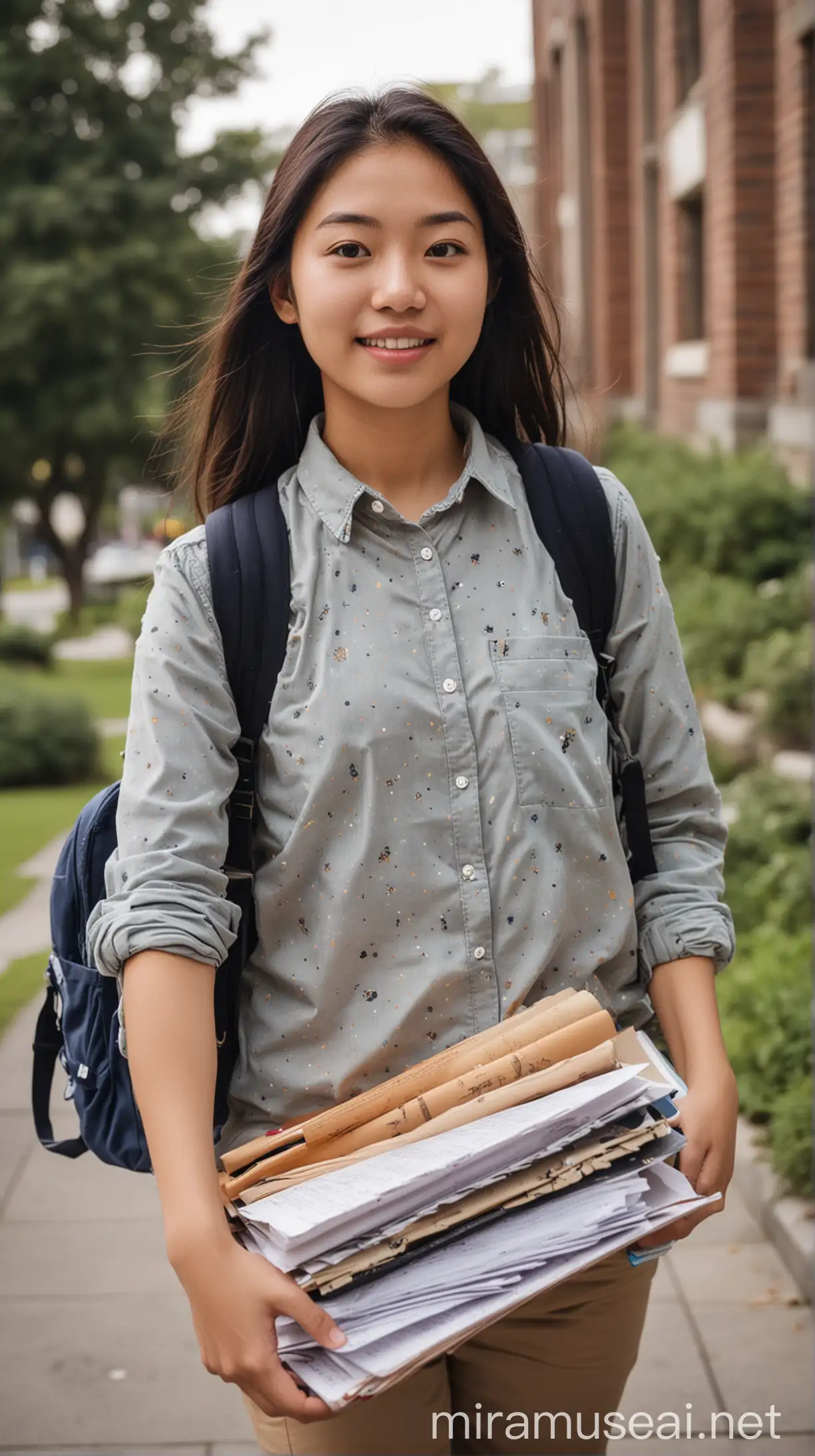 A university student. She is Asian/Latin American and taking astronomy. She is carrying her study materials.