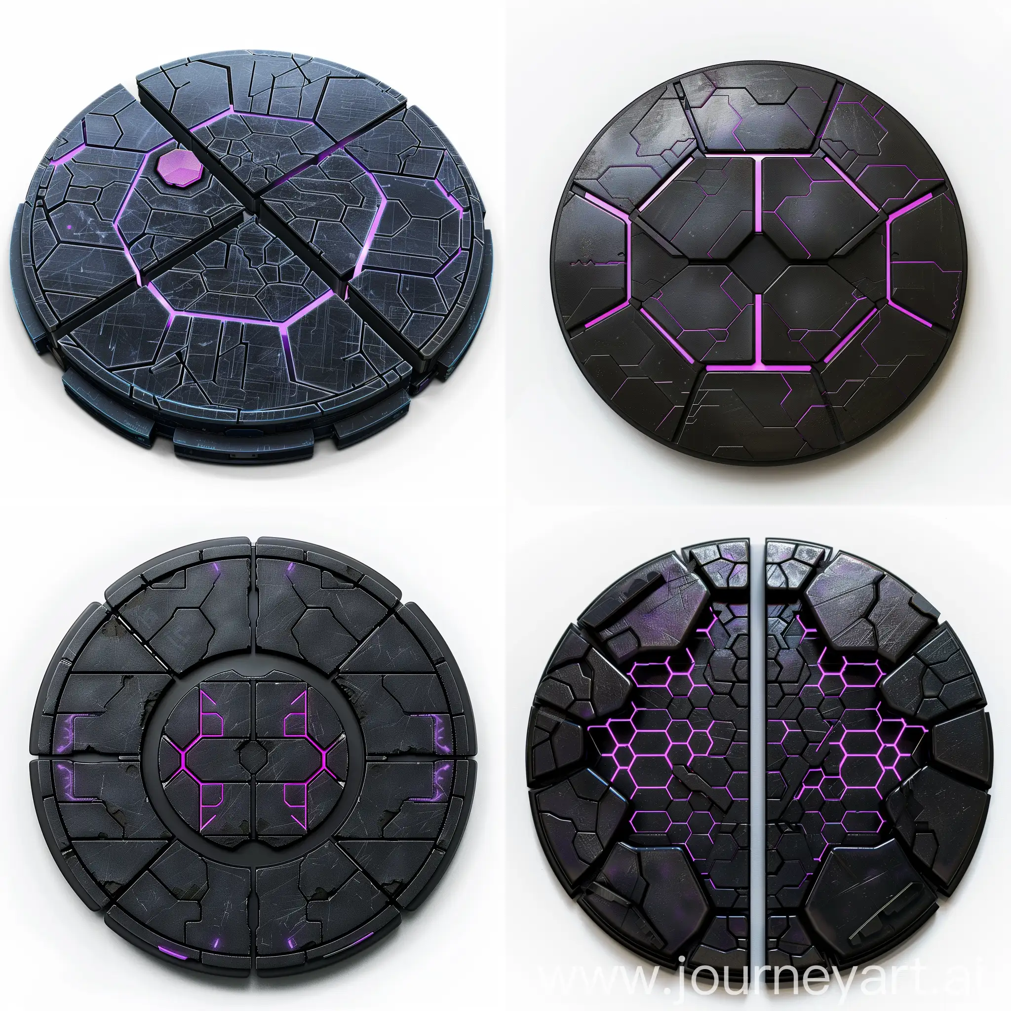 Front view of a very sleek cyberpunk robotic coin in shade of black. Its some places have neon purple hexagon patterns on it.  made of 4 separate pieces, space between pieces, clean white background. Photo realistic --v 6.0