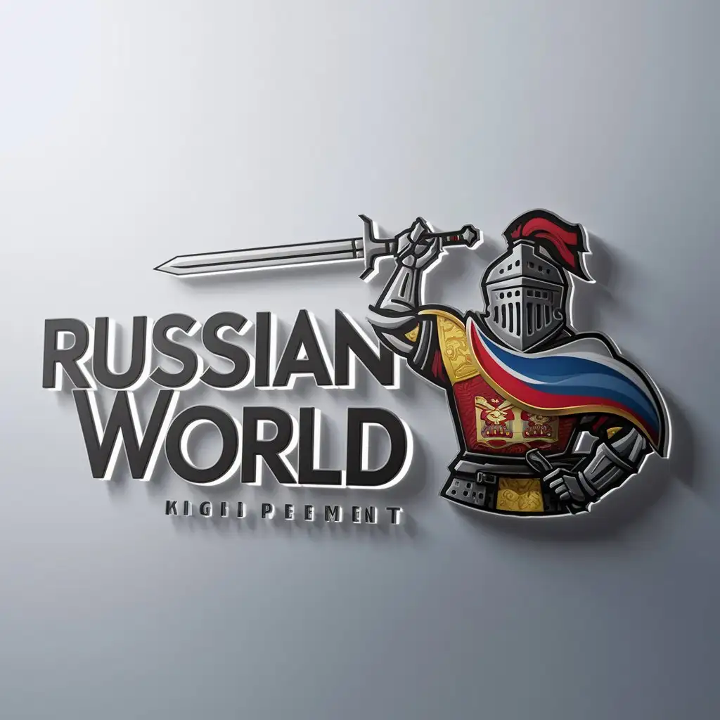 a logo design,with the text "Russian world", main symbol:Russian spirit. Knight waves sword,Moderate,clear background