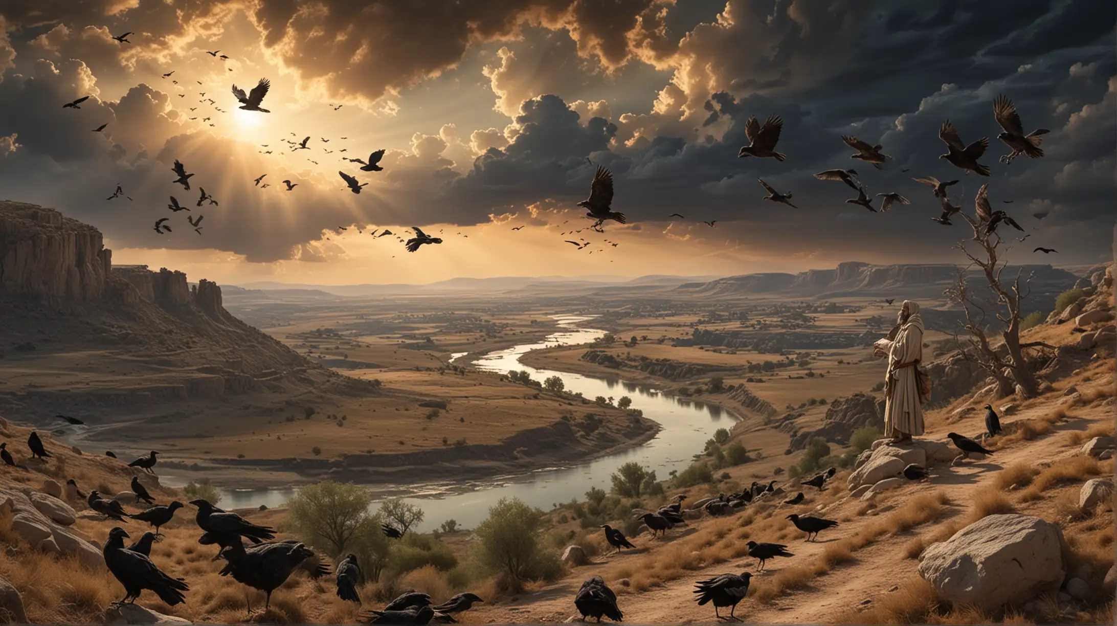 a scene of the Biblical Prophet Elijah on a hill top with a magnificent sky, and some ravens flying around, and in the distance you can see a winding river.