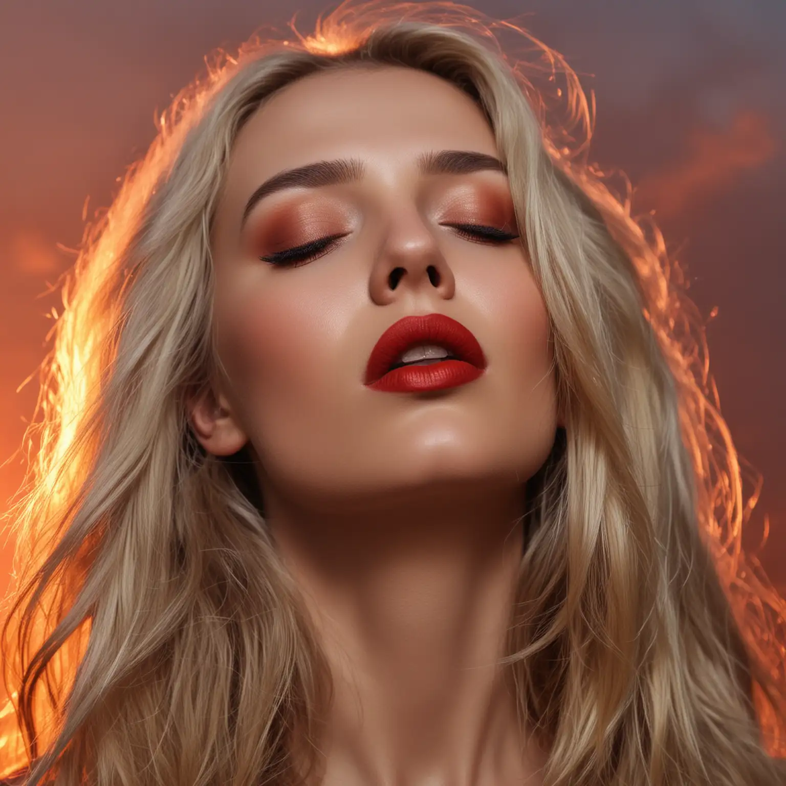 портрет девушки,сексуальная, блондинка, длинные волосы,смотрит вверх,глаза приоткрыты, губы накрашены красной помадой,фон закат, дым