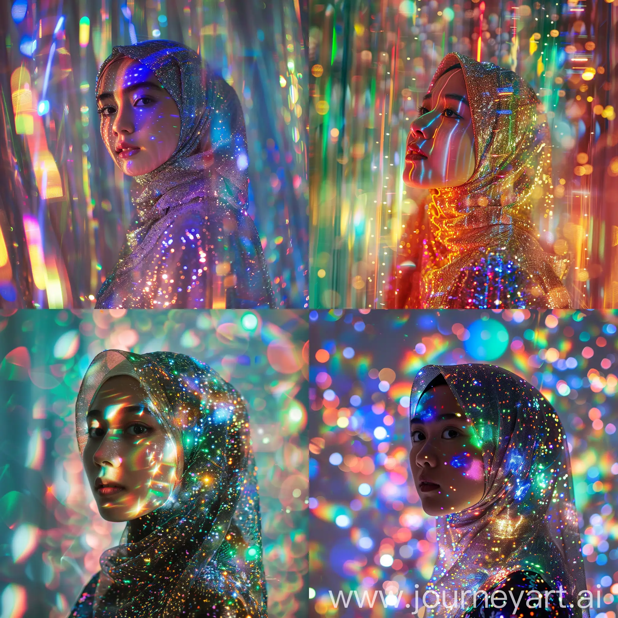 a young hijab woman Indonesia face illuminated by sparkling lights, stand and strike a pose, set against a holographic, shimmering, glittery rainbowcore background, captured with double exposure photography to create a psychedelic, cinematic beauty