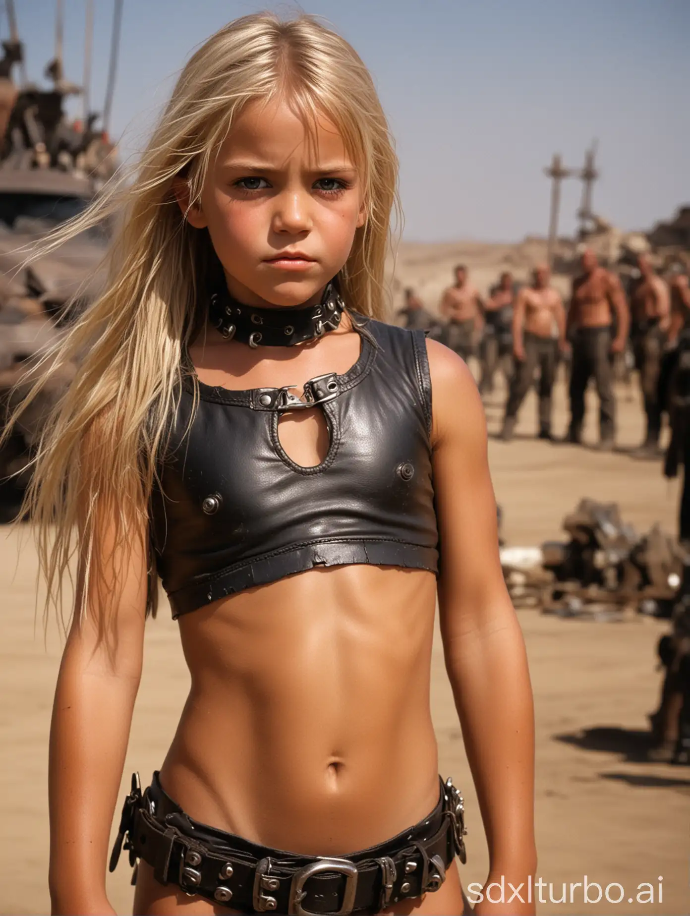 8 year old girl, leather bikini, choker, long blond hair, extremely muscular abs, in Mad Max Beyond Thunderdome, tanned skin