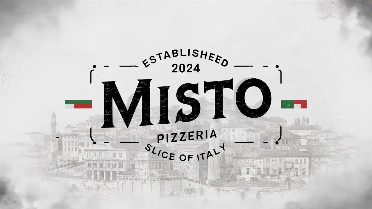 Misto Pizzeria, Letter mark, Minimal, Edge decoration, Italian colors, EST 2024 , Italy flag , Vintage, Slogan, Slice of Italy, Sketched Italian City, Old School, Classic, White back ground, Foggy cloudy atmosphere