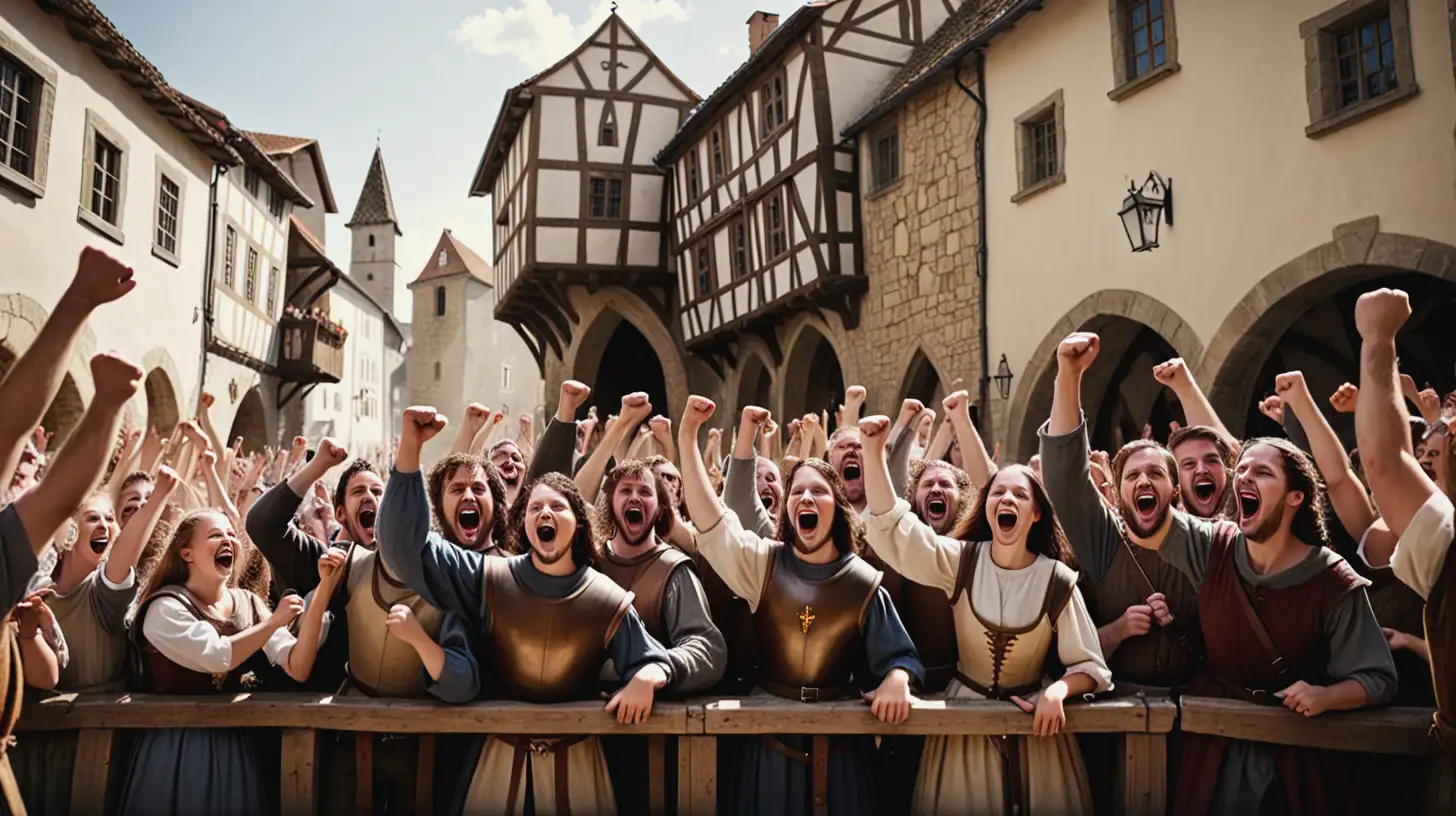 People cheering in a medieval town