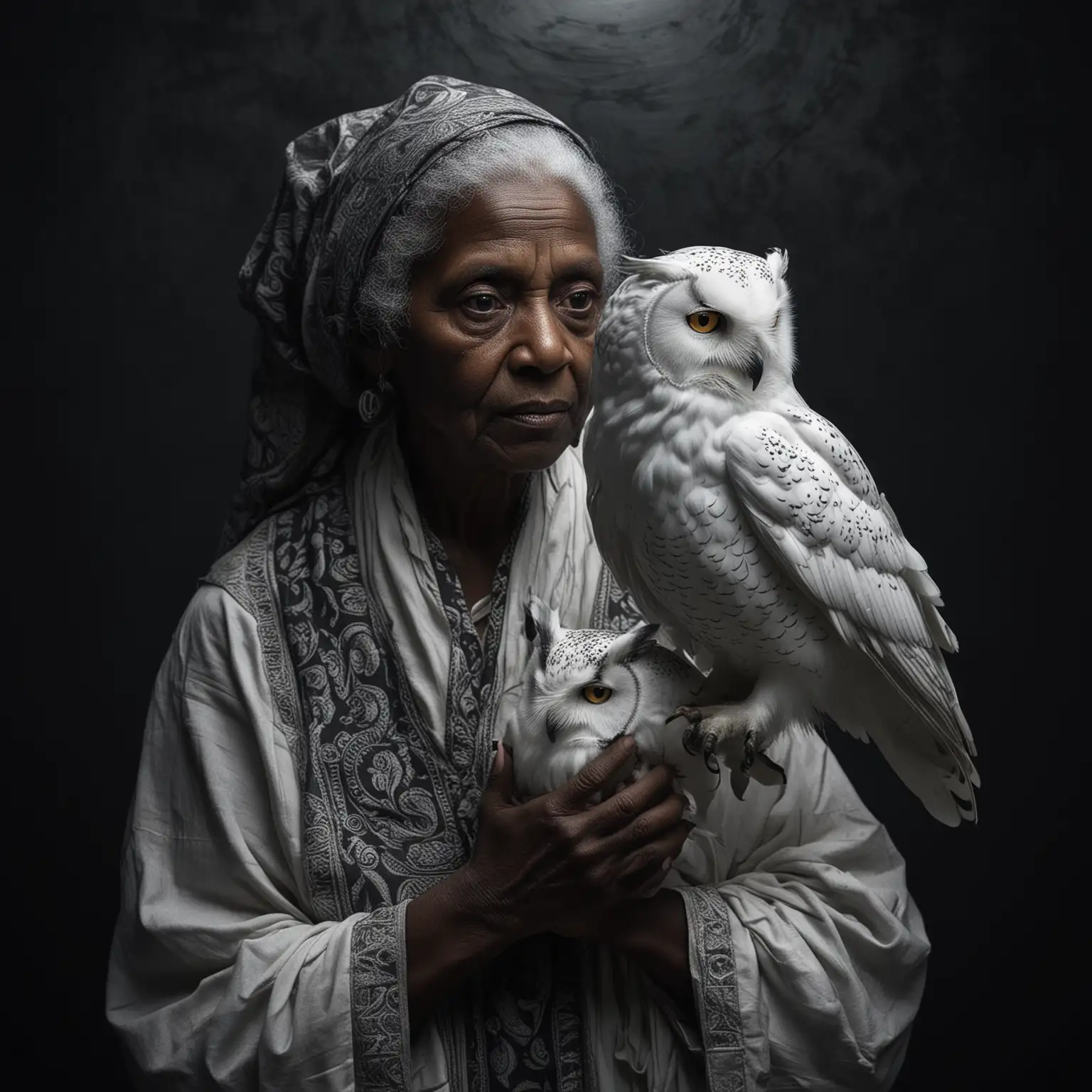 Elderly-African-American-Woman-with-a-White-Owl-in-Dim-Light