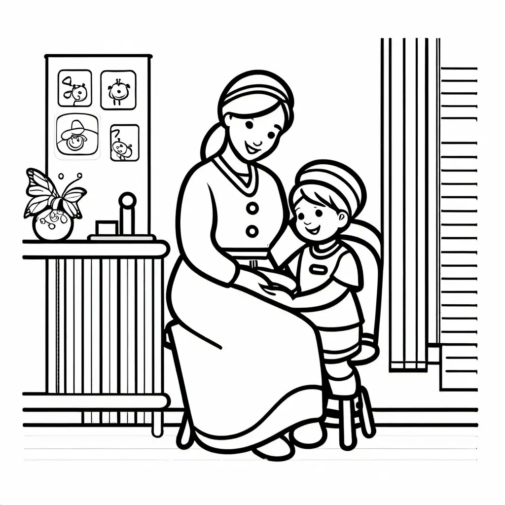 pediatric nurse with patient, Coloring Page, black and white, line art, white background, Simplicity, Ample White Space. The background of the coloring page is plain white to make it easy for young children to color within the lines. The outlines of all the subjects are easy to distinguish, making it simple for kids to color without too much difficulty