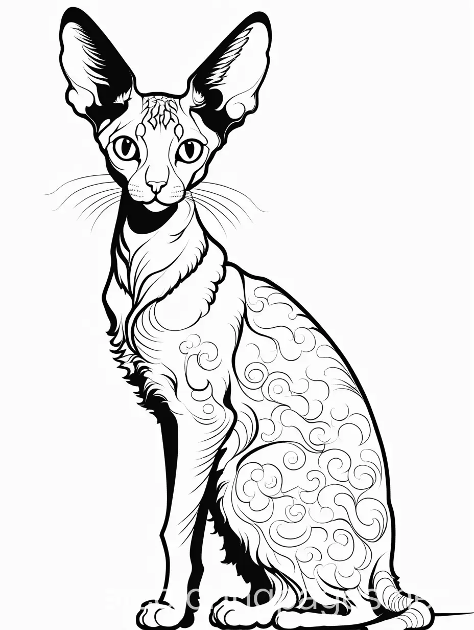cornish rex cat from the shoulder up showing full ears with
simple curly fur, Coloring Page, black and white, line art, white background, Simplicity, Ample White Space. The background of the coloring page is plain white to make it easy for young children to color within the lines. The outlines of all the subjects are easy to distinguish, making it simple for kids to color without too much difficulty