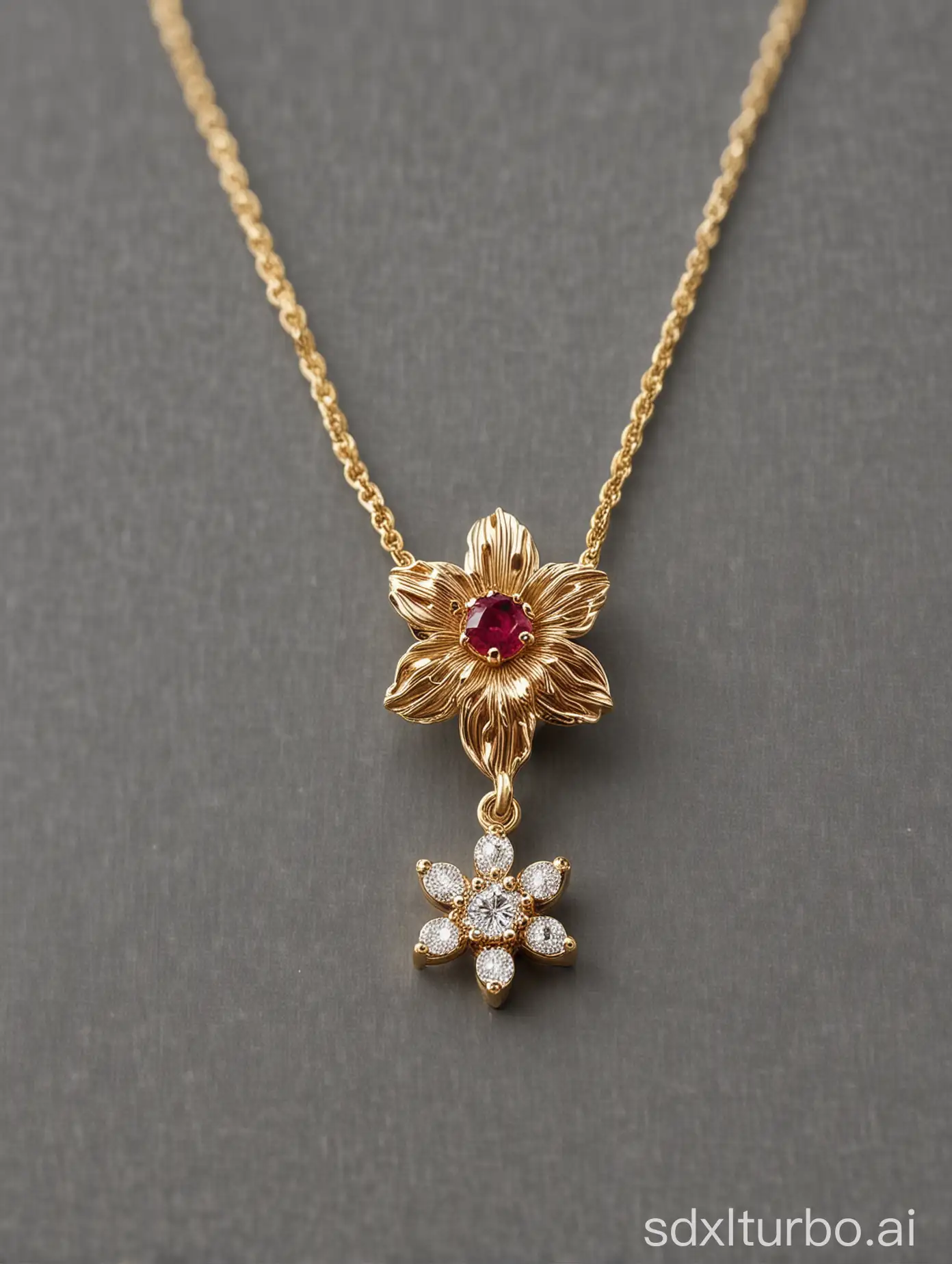 A close-up of a beautiful gold necklace. The necklace is made of a delicate gold chain with a small diamond pendant. The pendant is shaped like a flower and has a small ruby in the center.