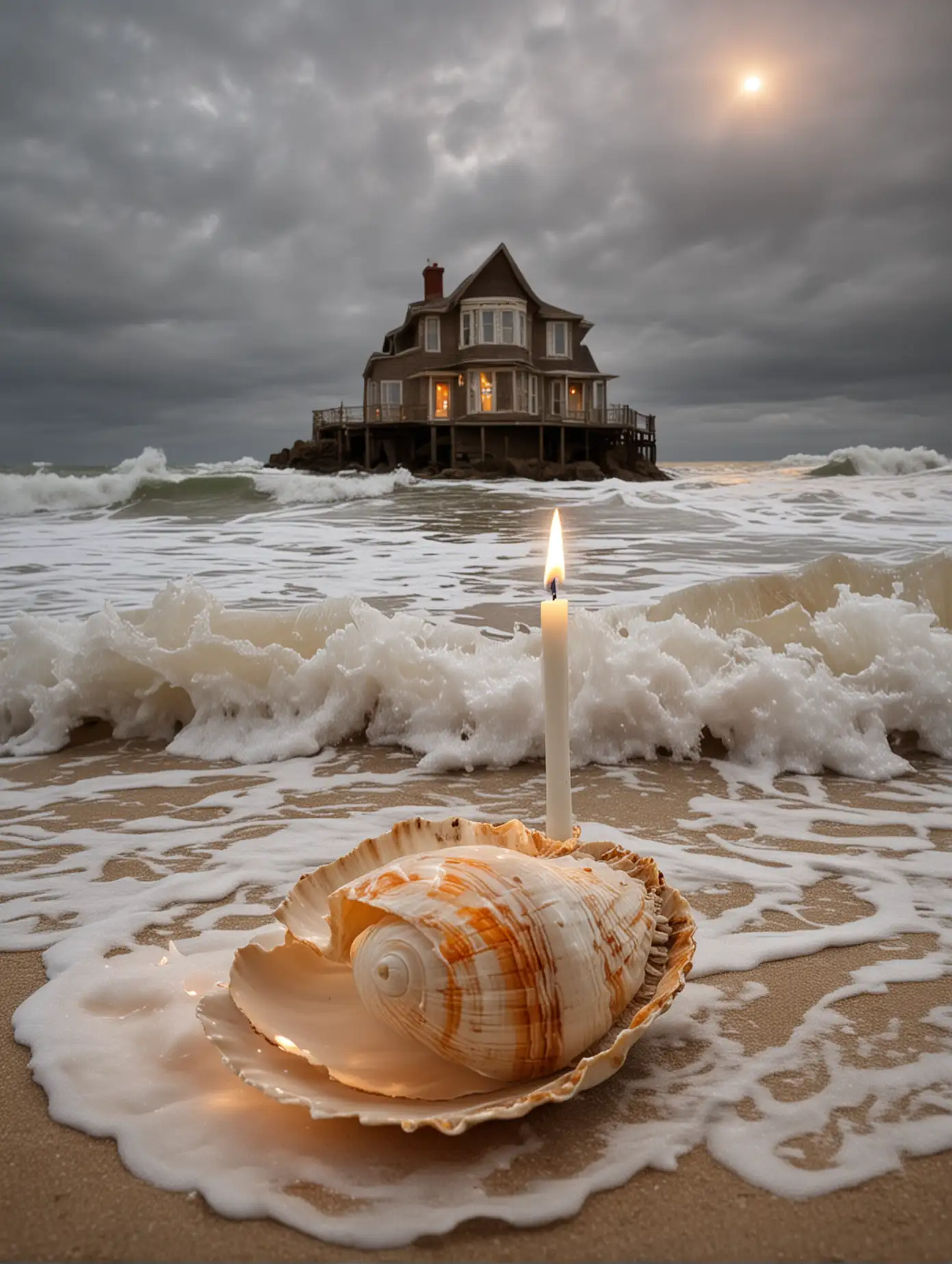 Огромная ракушка,на берегу моря,над ракушкой нависла волна,в середине ракушки домик,в домике -свеча 