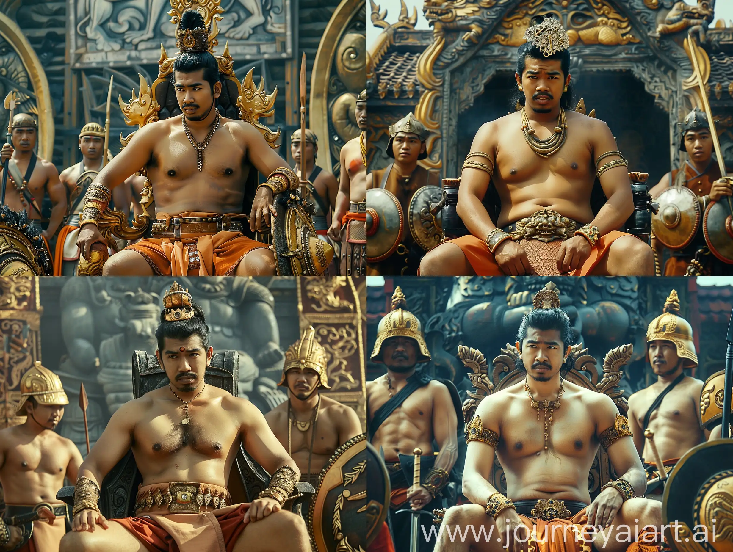 Movie scene, The king of the Majapahit kingdom, Hayam Wuruk, sturdy body, without a shirt, hair tied in a bun, wearing decorations on his head and arms, sitting on the throne looking deep in thought.  his soldiers were dressed in war clothes without shirts, carrying weapons and shields, standing guard beside him, full body shot.