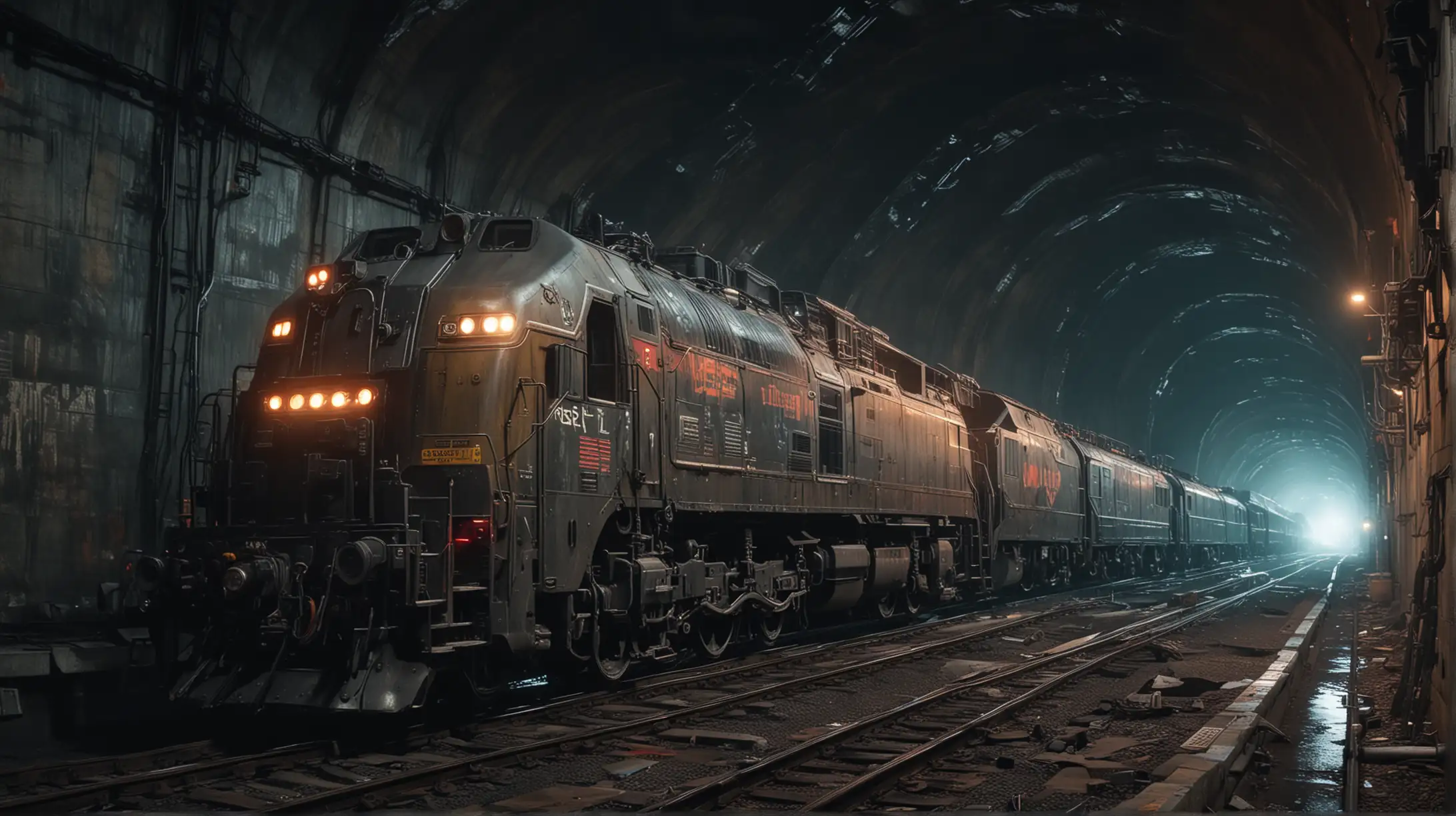 Cyberpunk Locomotive Racing Through Illuminated Tunnel