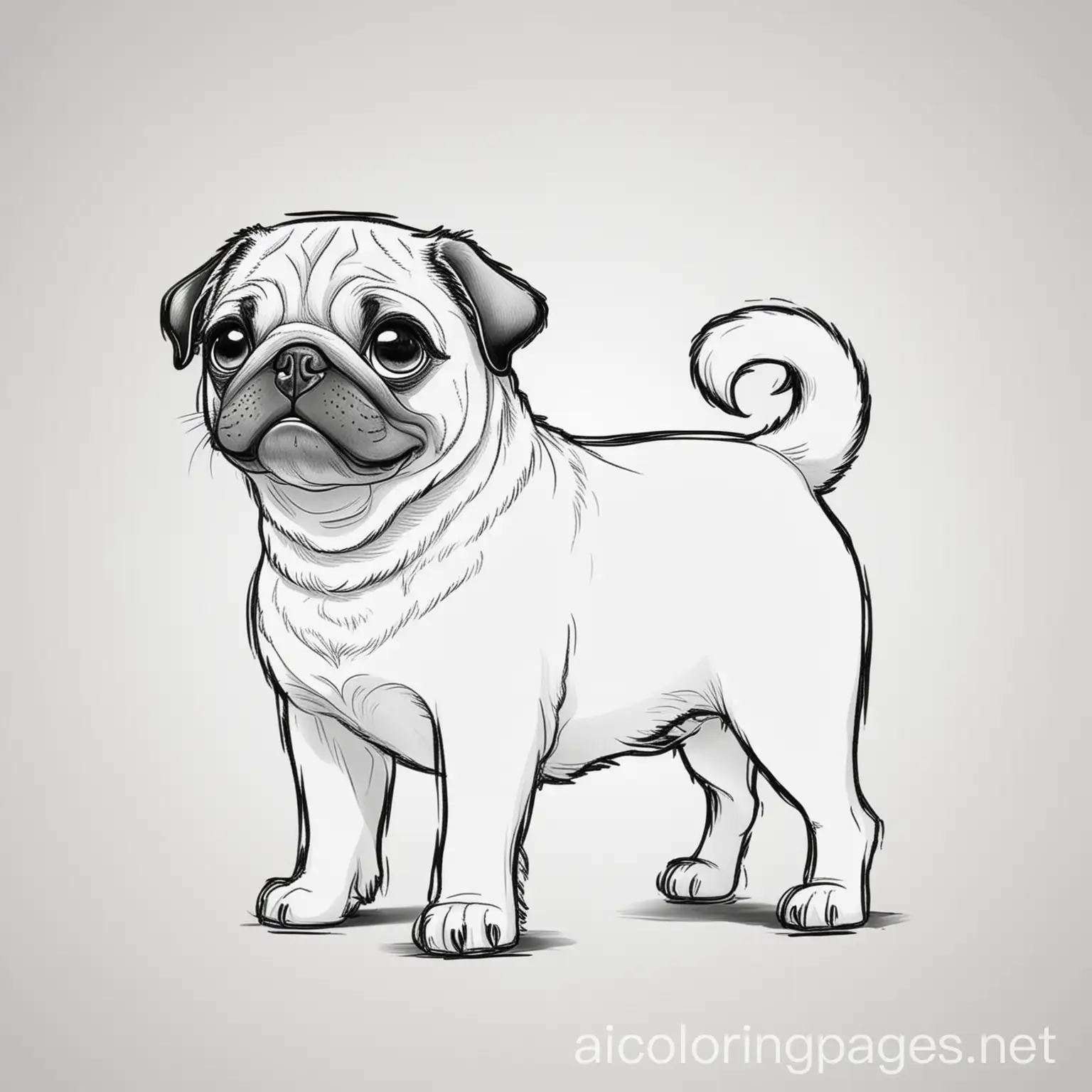 Pug wagging tail, Coloring Page, black and white, line art, white background, Simplicity, Ample White Space. The background of the coloring page is plain white to make it easy for young children to color within the lines. The outlines of all the subjects are easy to distinguish, making it simple for kids to color without too much difficulty