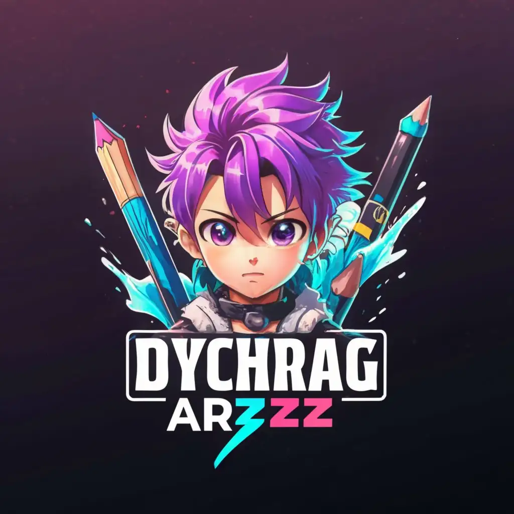 a logo design,with the text "DYCHIRAG ARTZZ", main symbol:anime boy with pretty face, purple hairs and hot blue eyes with pencil in hand,complex,clear background