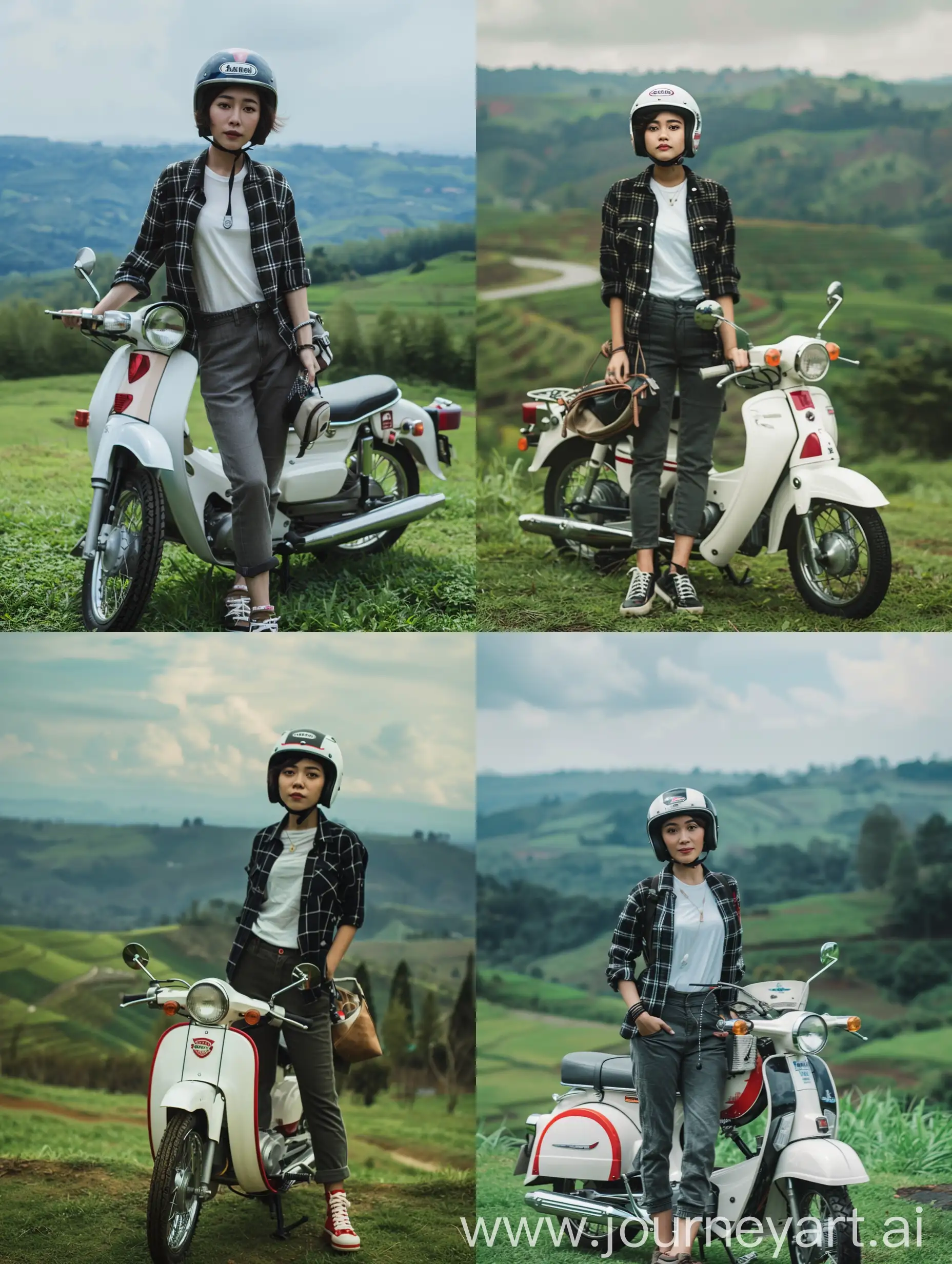 Attractive-Indonesian-Woman-with-Retro-Motorcycle-in-Serene-Landscape
