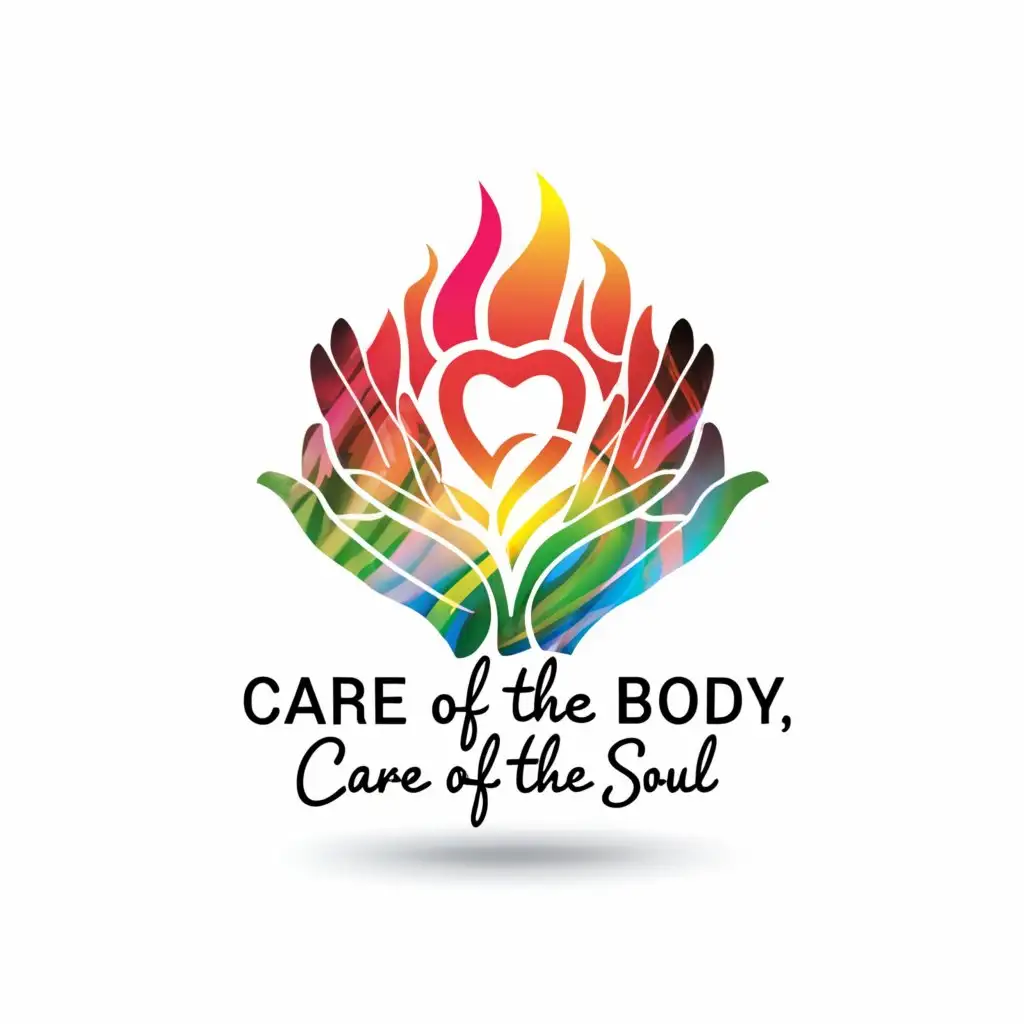 a logo design,with the text "Care of the body care of the soul", main symbol:Hands Heart and fire in a circle color rainbow flame,Minimalistic,clear background