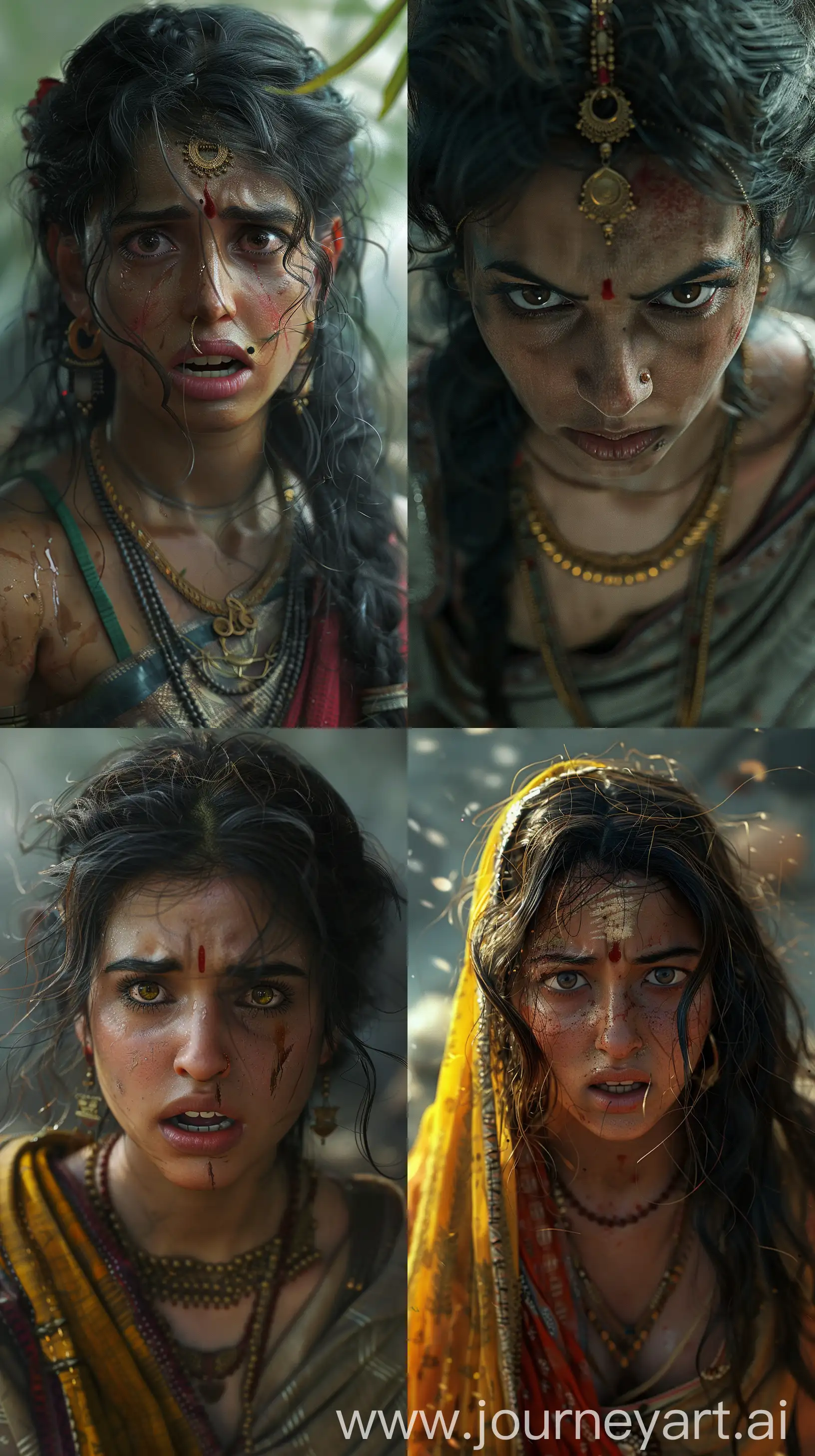 Hyper realistic image of an ancient Indian woman standing with a look of realization on her face, worried expression, intricate details, close-up image, 8k --s 200 --ar 9:16 --v 6