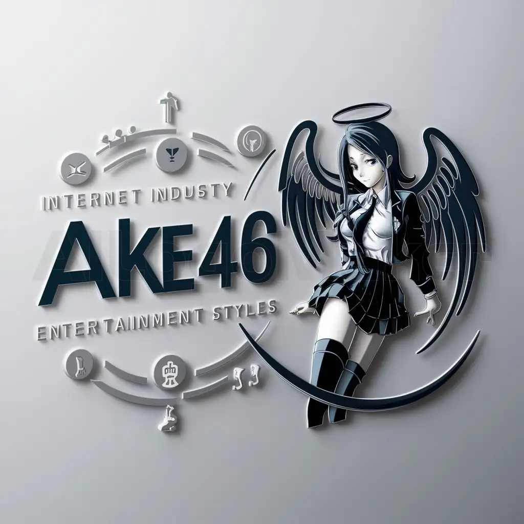 a logo design,with the text "AKE46", main symbol:Anime angel wearing a school uniform sexy and Entertainment Style, Music Style, film Style, community style,complex,be used in Internet industry,clear background
