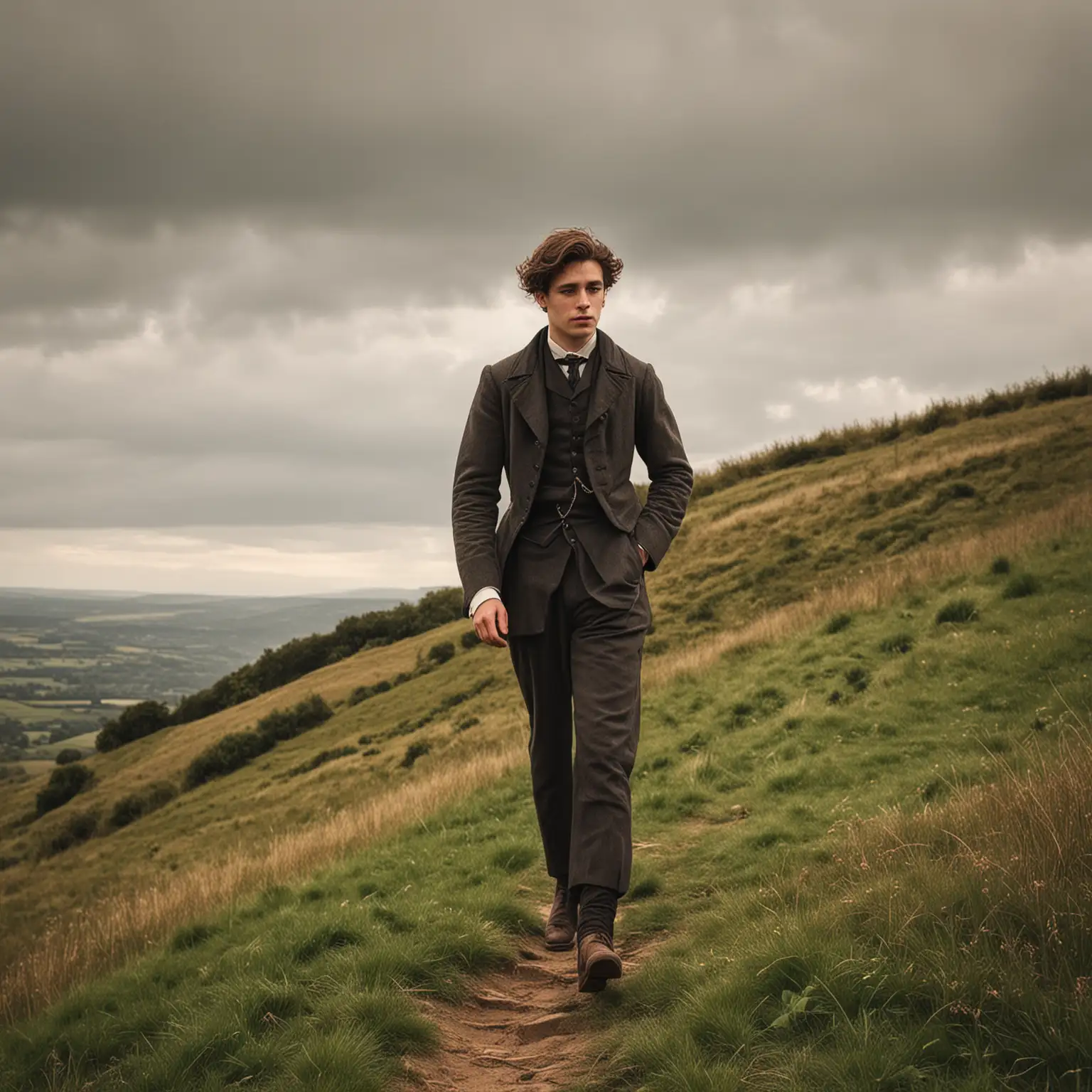 Victorian Young Man Walking Over a Hill in Serene Countryside Landscape