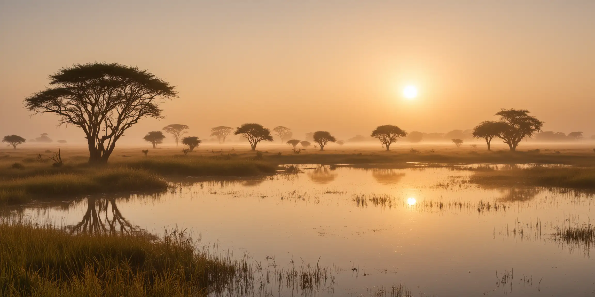Scenic African Prairie Landscape with Pond at Bright Foggy Sunrise