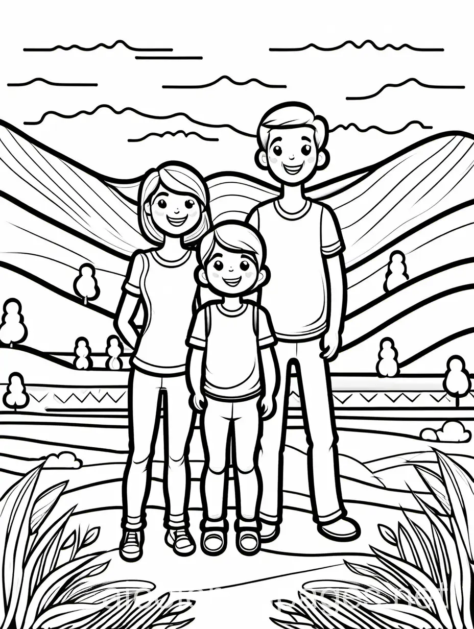 Coloring Page of a happy family, black and white, line art, white background, Simplicity, Ample White Space. The background of the coloring page is plain white to make it easy for young children to color within the lines. The outlines of all the subjects are easy to distinguish, making it simple for kids to color without too much difficulty, Coloring Page, black and white, line art, white background, Simplicity, Ample White Space. The background of the coloring page is plain white to make it easy for young children to color within the lines. The outlines of all the subjects are easy to distinguish, making it simple for kids to color without too much difficulty