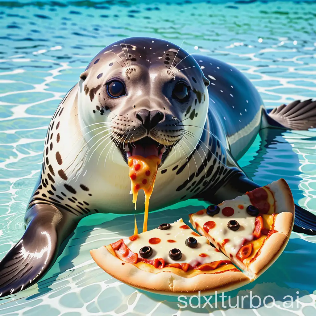 Spotted seal eating Pizza