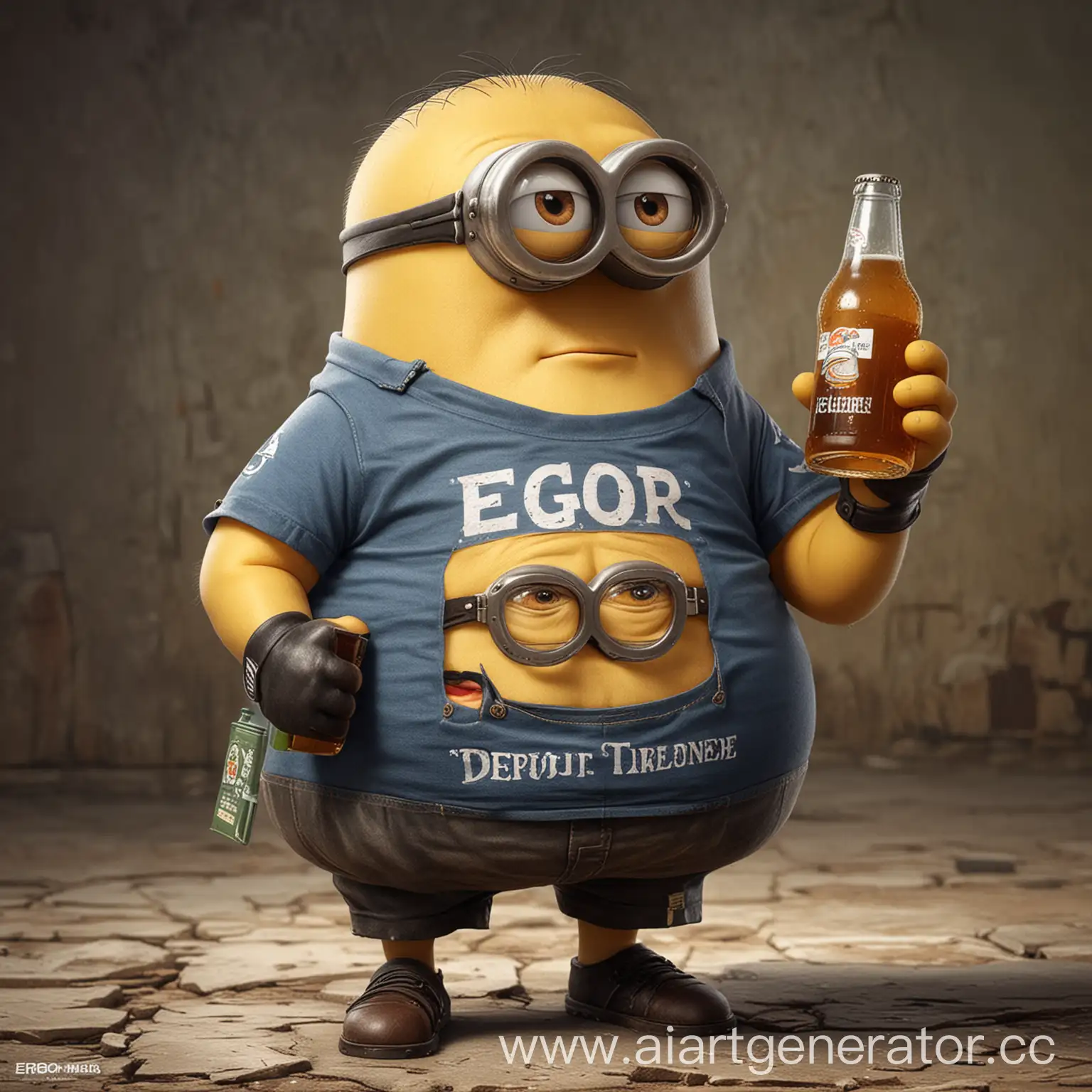 Очень жирный миньон стоит пьëт пиво и одет в футболку с надписью Egor