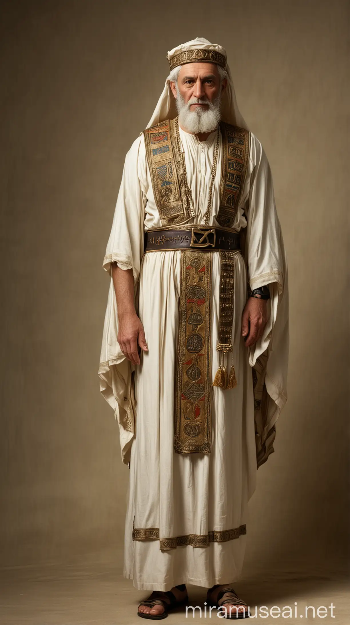 A 5th century BC priest named Azarael, dressed in traditional Hebrew garments, symbolizing the name 'God has helped' in Hebrew."In ancient world 