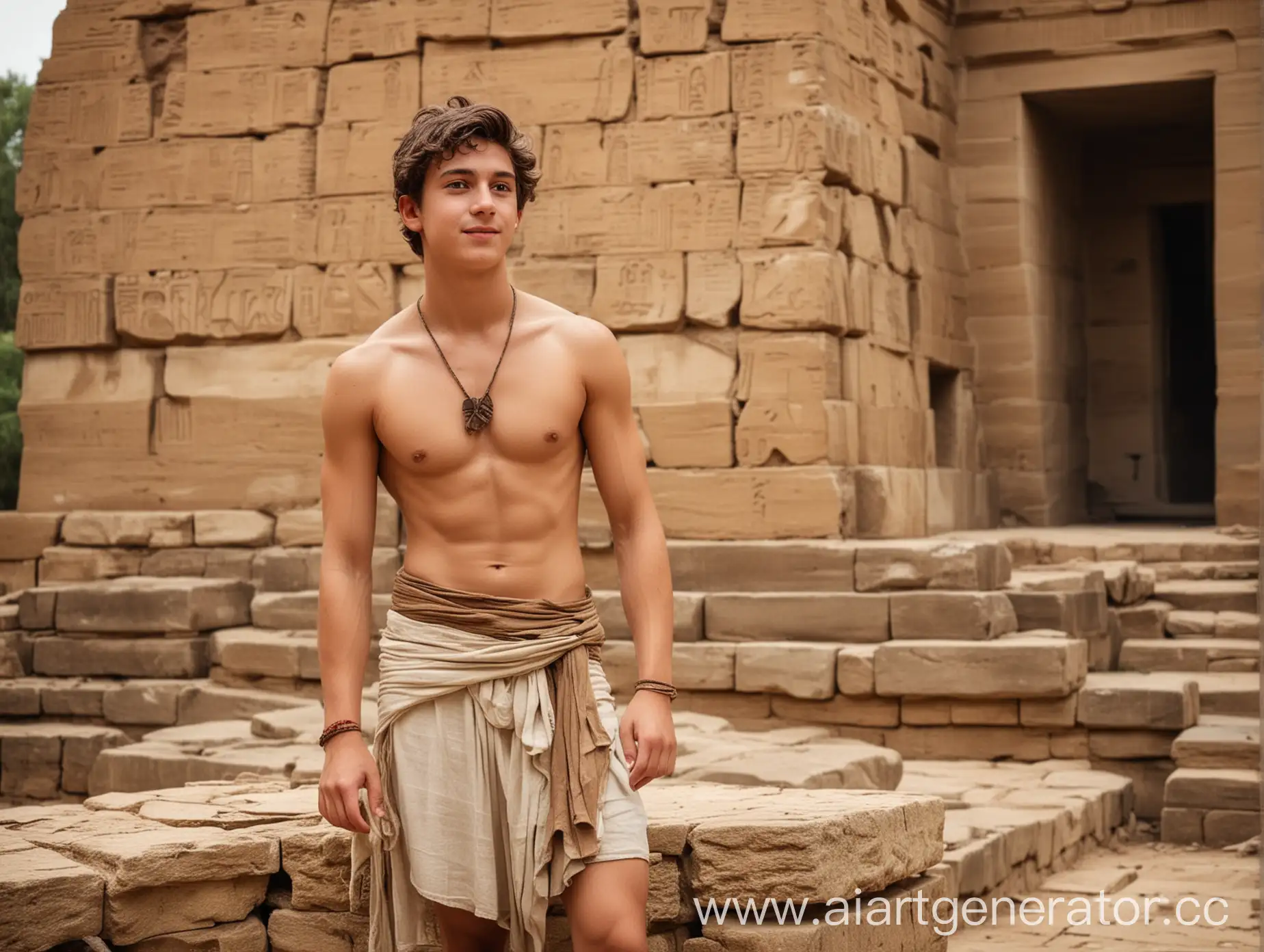 красивый парень лет двадцати в набедренной повязке строит пирамиду в античном египетском саду