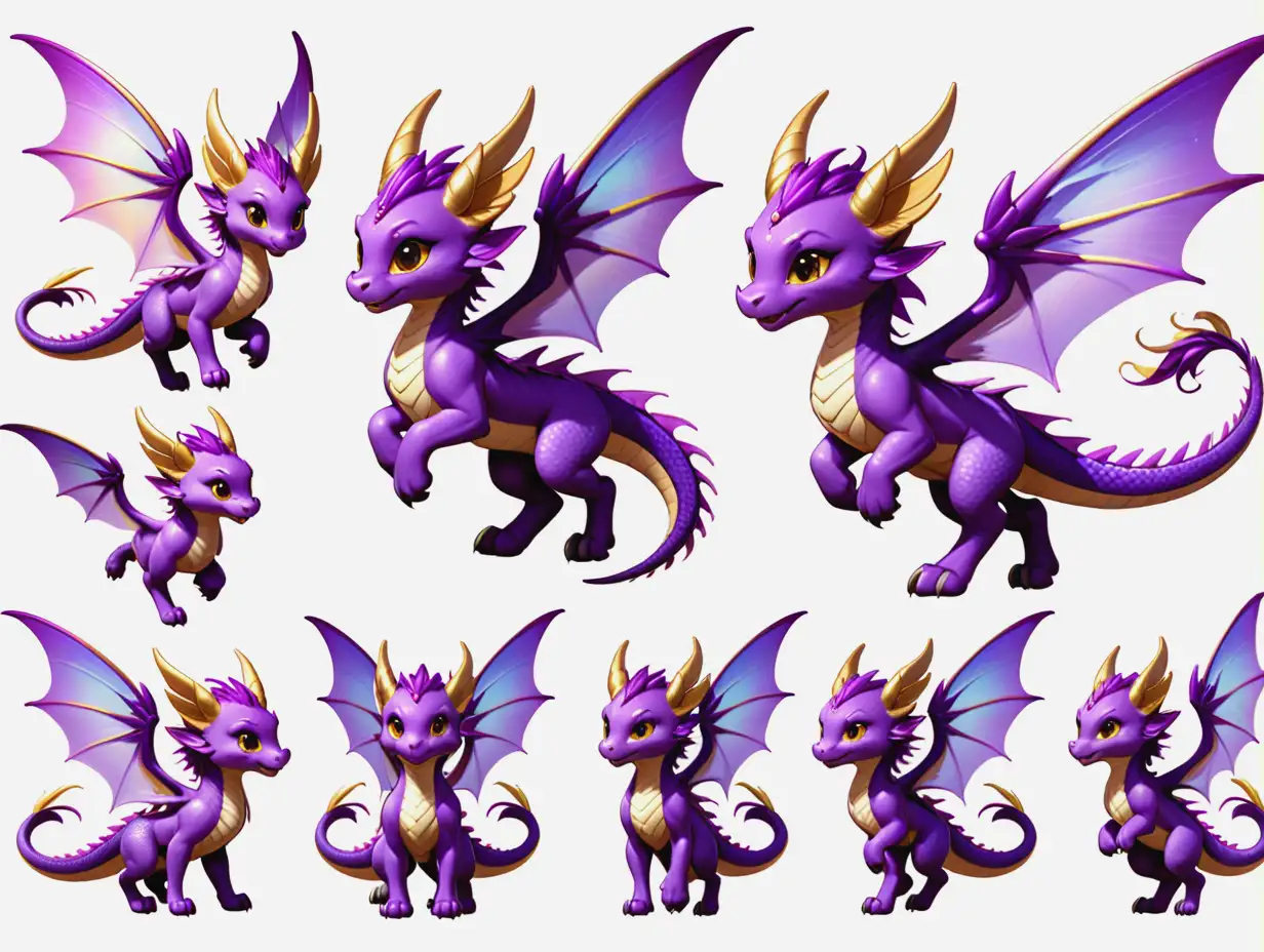 a sprite sheet featuring different poses of an adorable fey dragon flying with golden brown eyes, fairy-like wings tinted violet. The character should have a playful demeanor. Each pose should convey a different action or emotion, such as flying, laughing, sleeping, thinking, and smiling.  The background should be transparent to focus on the character’s design.