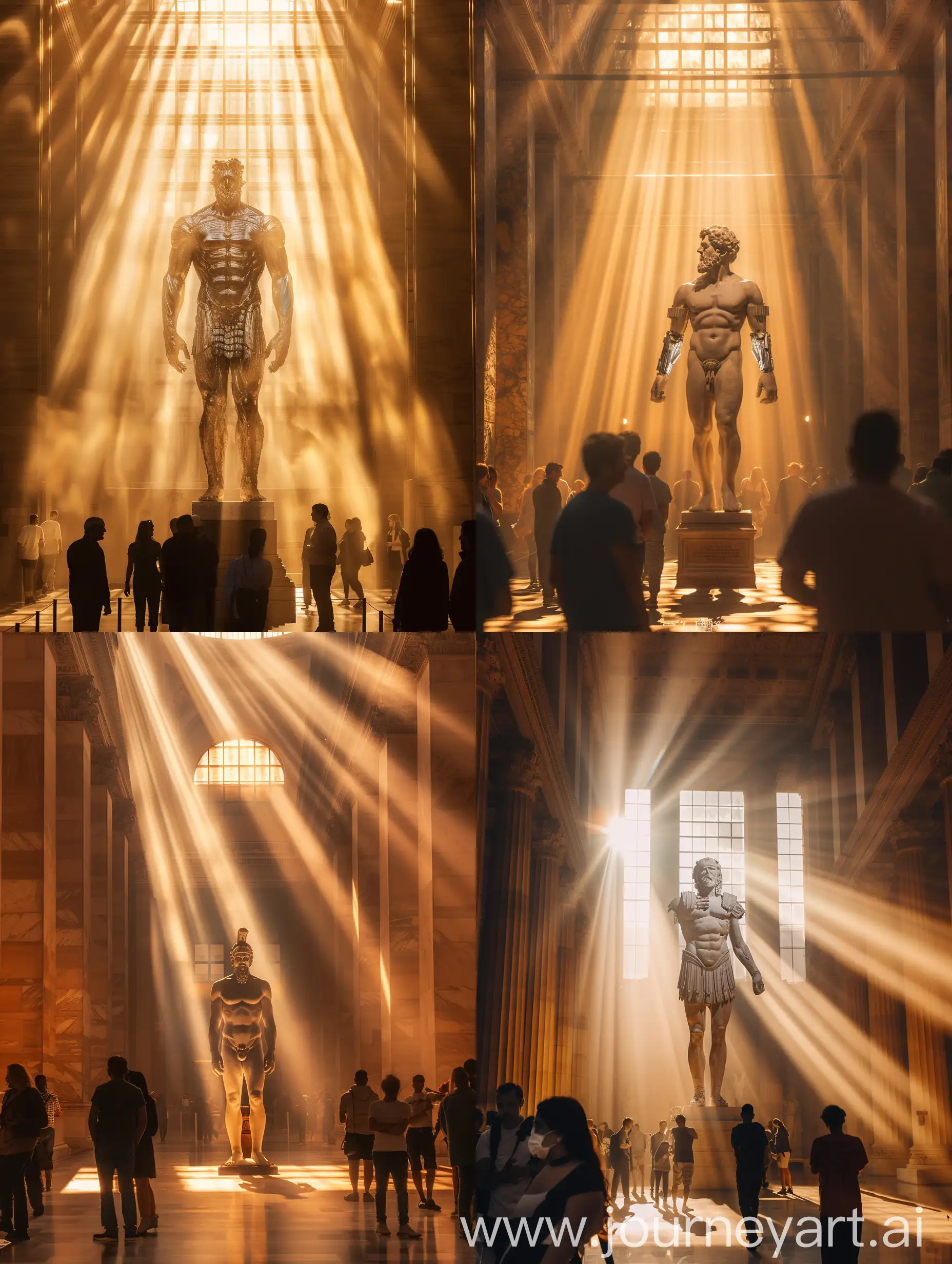 In the museum's majestic hall, the golden light of the setting sun bathes the space, creating a divine and ethereal atmosphere. Rays of light filter through tall windows, casting intricate patterns of shadows over ancient artworks and awestruck spectators. At the center of the hall, the sculpture of Zeus emerges as an imposing and transcendental figure, shrouded in an aura of mystery and power.

The camera captures the moment with a cinematic perspective, framing Zeus amidst the celestial beauty that surrounds him. Soft light highlights every detail of the sculpture, from perfectly sculpted muscles to the traces of the cybernetic helmet that adorn his majestic figure. The silent atmosphere is permeated by the reverent murmur of visitors, whose illuminated faces reflect the awe before the celestial artwork in front of them.

As the camera elegantly moves through the space, capturing stunning angles and details, soft and ethereal music fills the air, further elevating the sense of reverence and admiration. This cinematic photograph transports viewers to a world where art meets divinity, and every moment is a tribute to the greatness of the human and the divine.