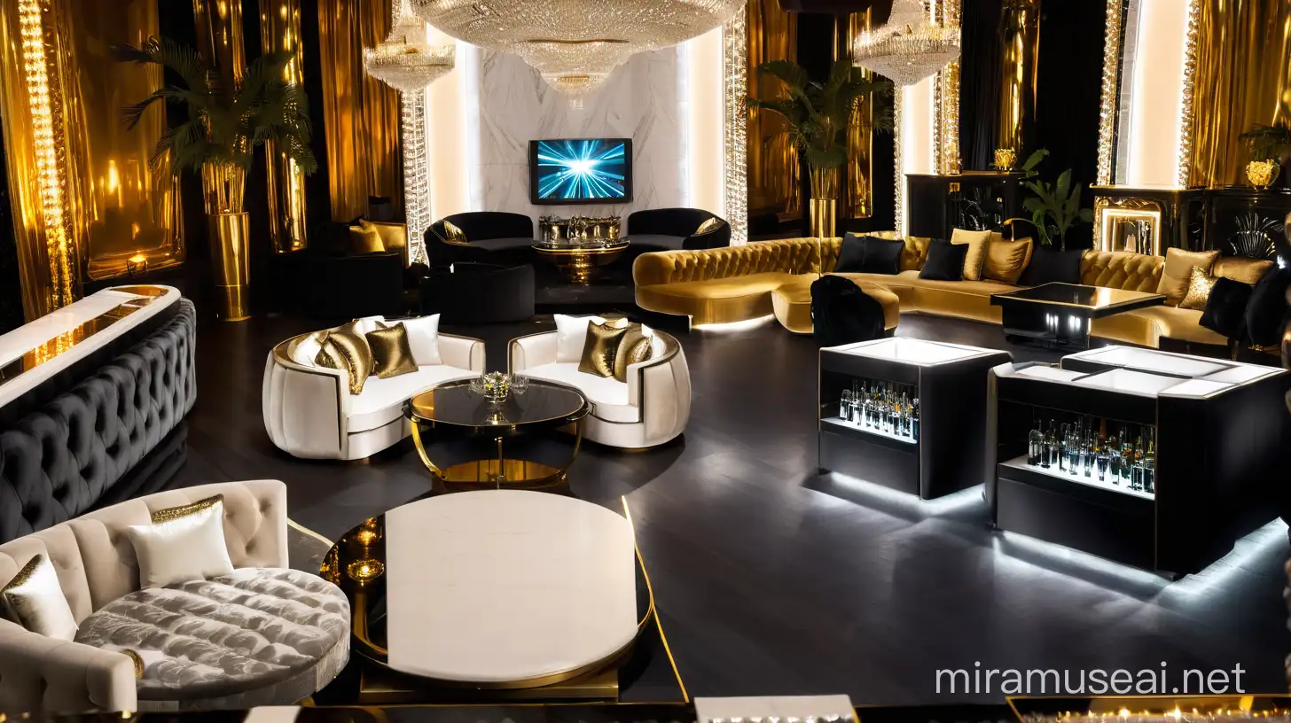 Luxurious Gold and Black Nightclub Experience with Plush Seating and DJ Stage