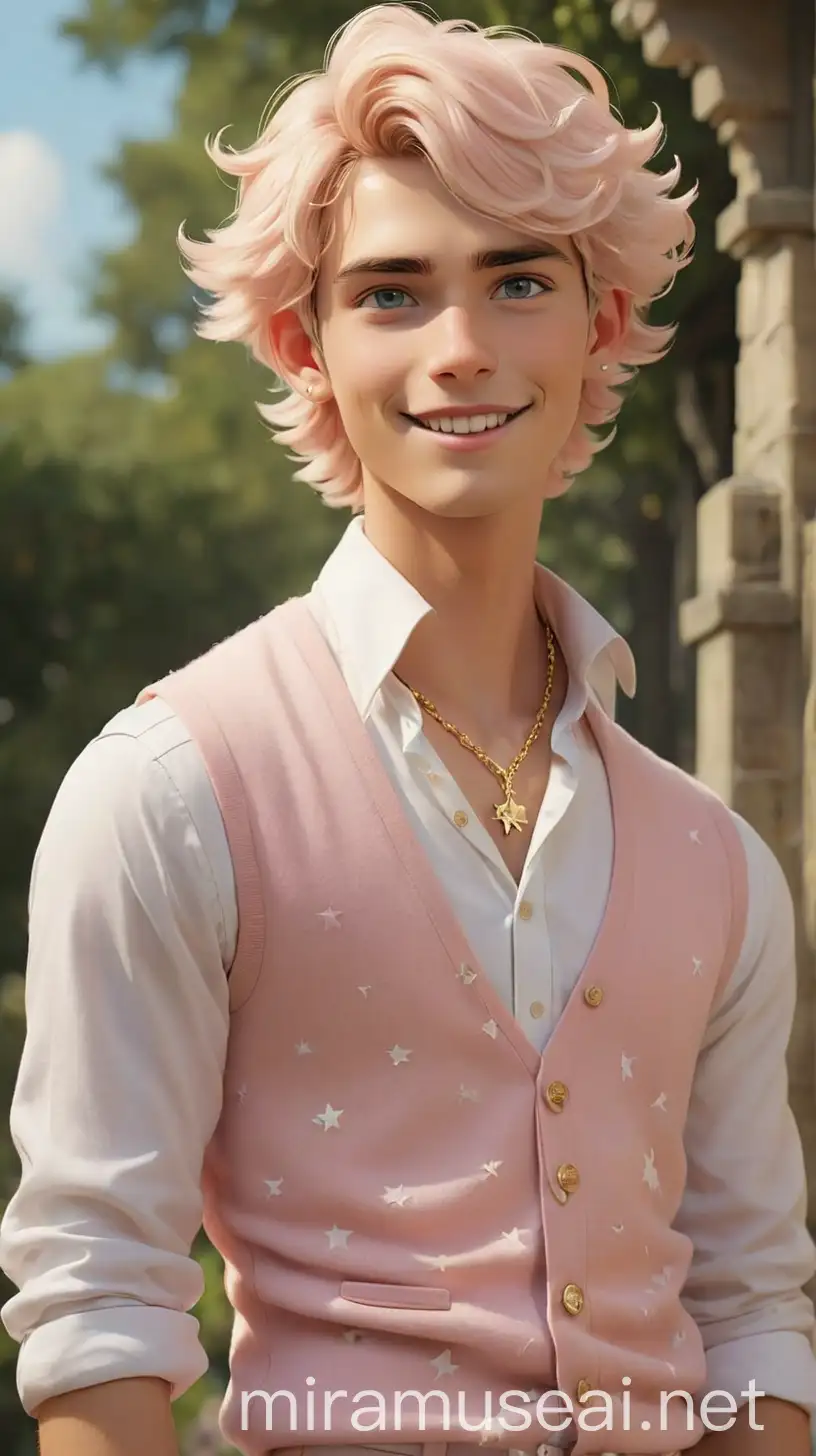 A radiant young man with an effervescent charm and a smile that lights up the room, inherited from his mother, Glinda the Good Witch. His hair is a soft shade of platinum blonde, styled in tousled waves that frame his face with a carefree elegance. His eyes are a sparkling shade of sky blue, twinkling with warmth and kindness. The Young Man's complexion is fair and flawless, with a natural rosy flush that adds to his youthful glow. His outfit embodies a delightful blend of 2020s witchcore, Barbiecore, VSCO preppy, bubblegum witch, fairycore, and Wonderland aesthetics, with popstar and bubblegum coquette elements, reflecting his vibrant personality and magical heritage. He wears a light pink sweater vest adorned with white lace trim and gold buttons, adding a touch of elegance and whimsy to his ensemble. Underneath the vest, he layers a crisp white button-up shirt with a subtle pattern of pink and gold stars, adding a playful touch to his look. The Young Man's trousers are tailored from soft pastel pink fabric, with a slim fit that accentuates his slender frame and adds a touch of sophistication to his outfit. On his feet, he wears white loafers with gold buckles and accents, adding a pop of glamour to his ensemble while ensuring comfort for his busy school day. To accessorize, The Young Man wears a gold charm bracelet adorned with whimsical charms and a delicate gold chain necklace with a sparkling star pendant, symbolizing his magical heritage. In his hair, he wears a white headband adorned with pink and gold ribbons, adding a touch of fairy-like charm to his ensemble. The Young Man's makeup is fresh and youthful, with rosy cheeks, glossy lips, and a hint of shimmering eyeshadow in shades of pink and gold, enhancing his natural beauty and adding a touch of sparkle to his look. Overall, The Young Man exudes an aura of joy and enchantment, blending elements of magic, glamour, and whimsy in his captivating fashion choices. 