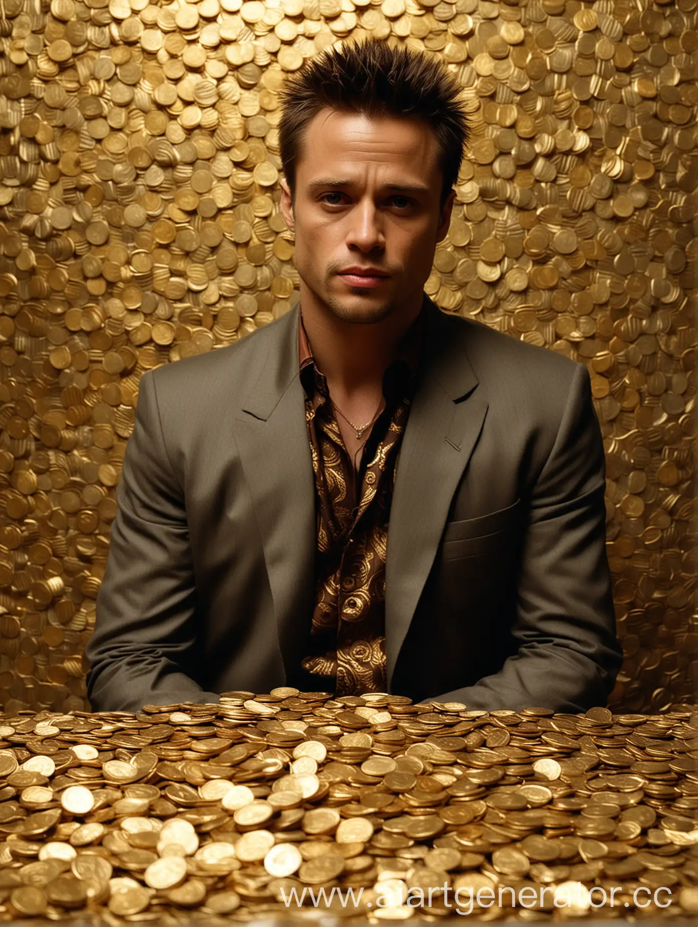 богатый Тайлер Дёрден из фильма «Бойцовский клуб» на фоне золотых монет