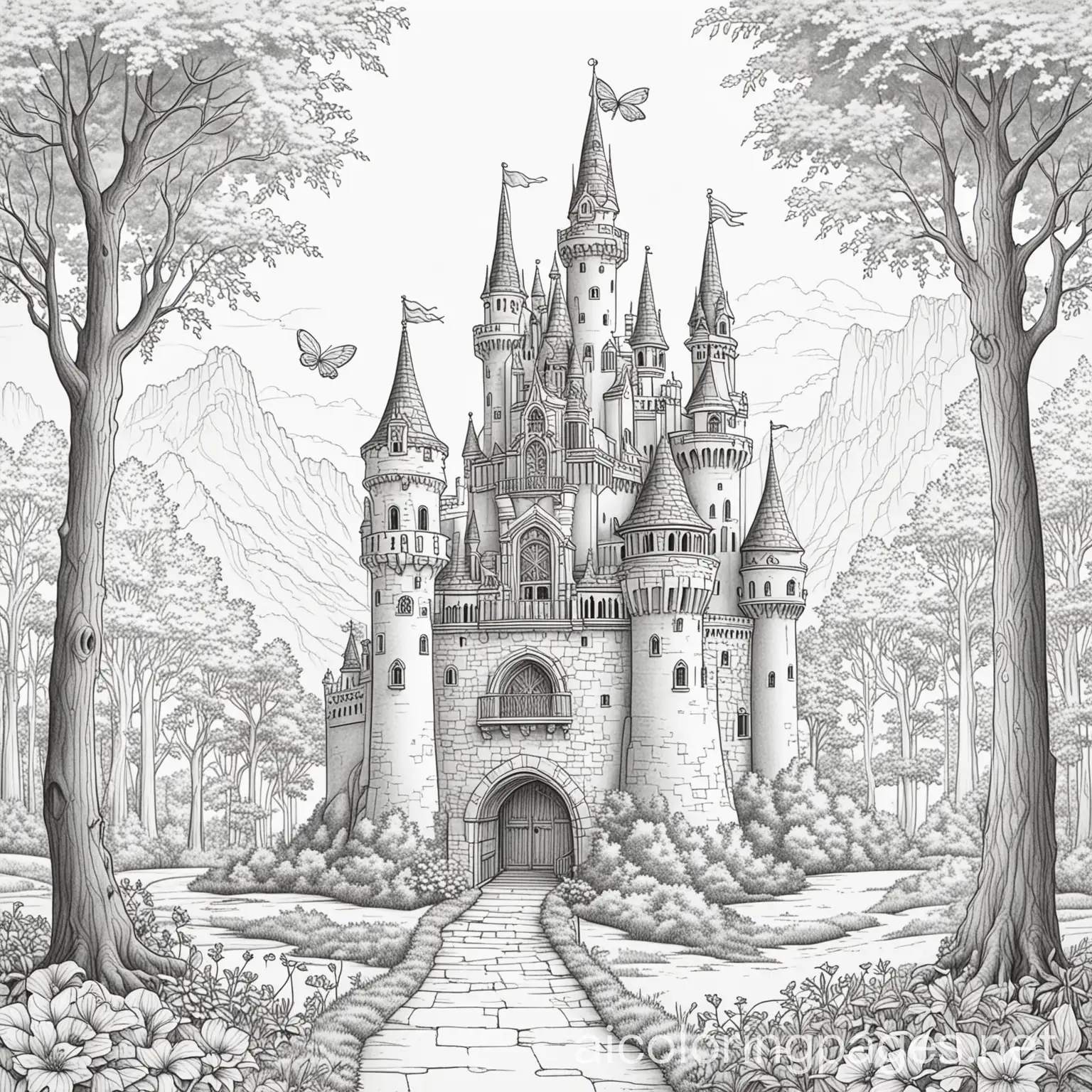 fairy tale castle, coloring page, black and white, line drawing, ample white space, no shading, Coloring Page, black and white, line art, white background, Simplicity, Ample White Space. The background of the coloring page is plain white to make it easy for young children to color within the lines. The outlines of all the subjects are easy to distinguish, making it simple for kids to color without too much difficulty