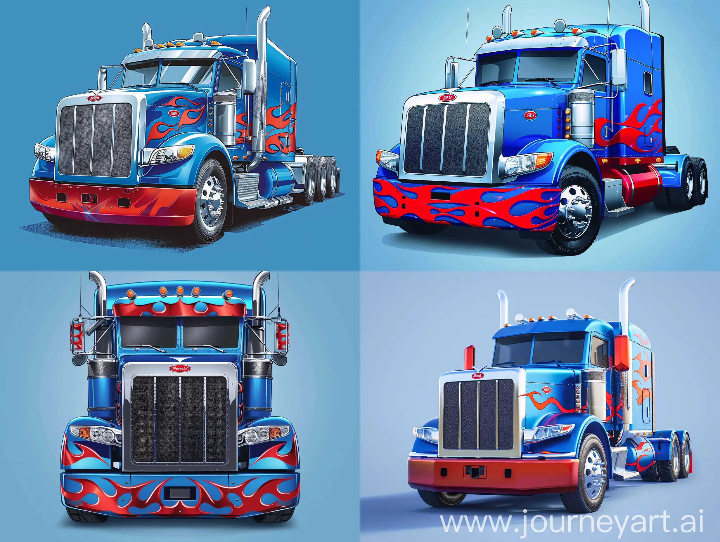 Peterbilt 359 blue color truck, red flame patterns on the front, red blue truck illustration, blue background