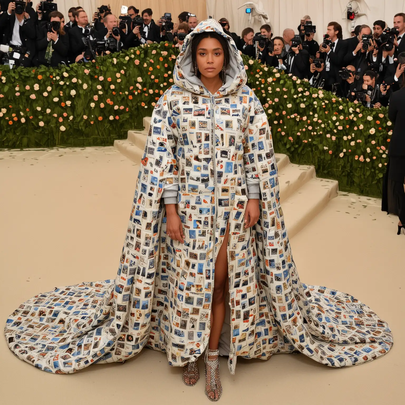 A celebrity wearing a duvet themed dress with a hoodie at the Met Gala