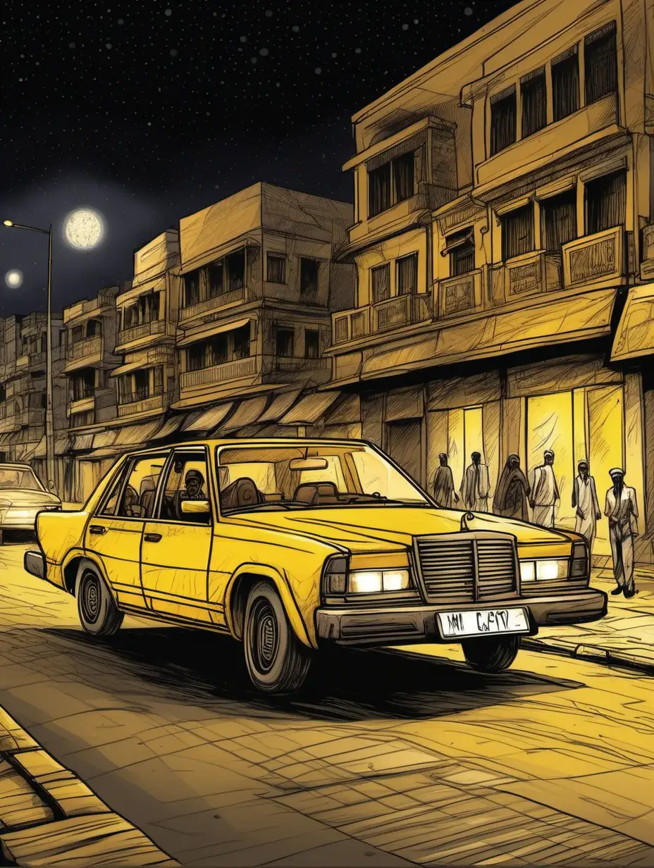 ציור של רכב פרטי מונית מצרית 
  בצבע צהוב בקהיר ברחוב בלילה